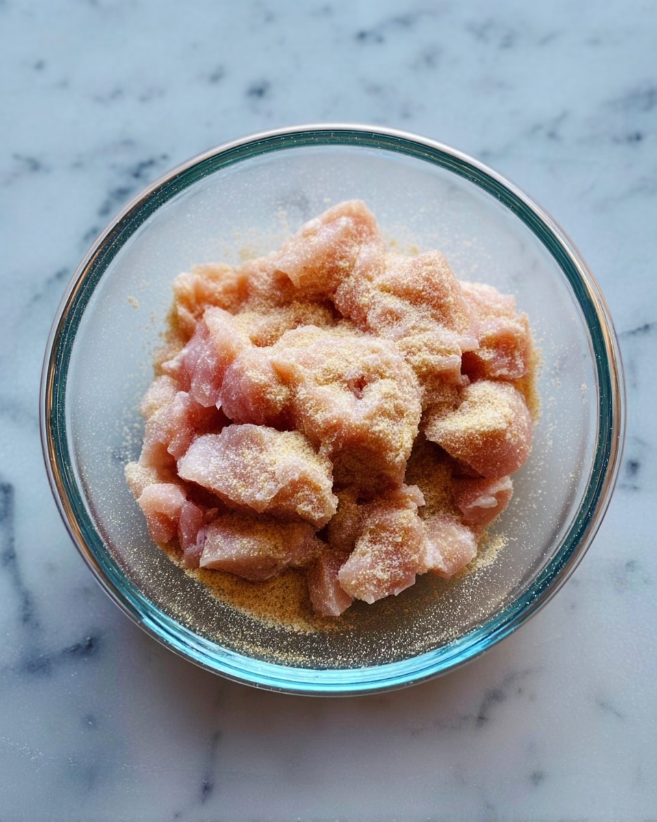 A clear glass bowl containing raw light pink pieces of meat covered with a light brown powdery seasoning is placed on a white marbled surface. The meat is piled loosely with some uneven shapes and textures visible, while the seasoning creates a chalky layer over the top. The bowl shows a bit of reflection and the texture of the meat looks soft and moist. photo taken with an iphone --ar 4:5 --v 7