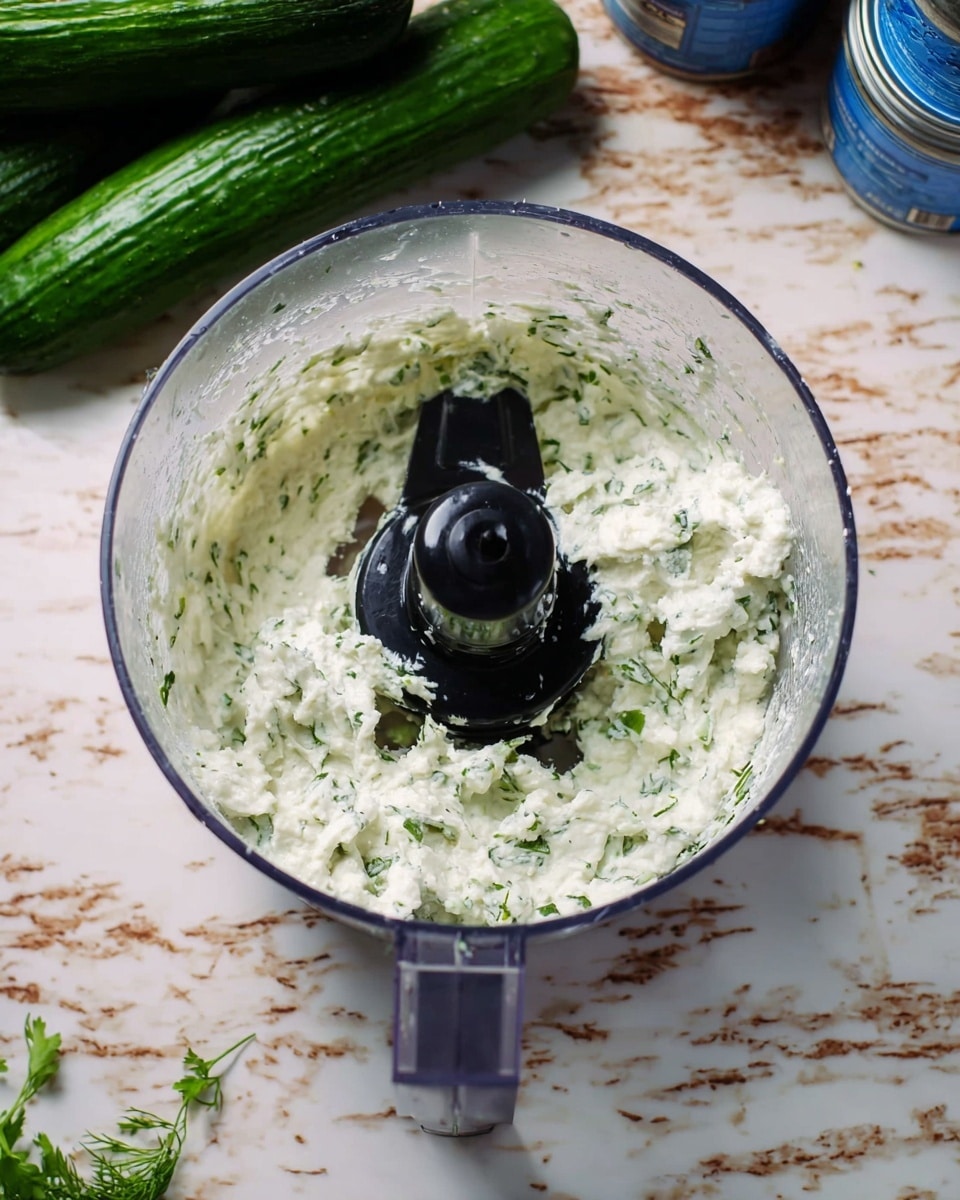 Inside a clear plastic food processor bowl, there is a creamy white mixture with small lumps, sprinkled with green herbs throughout. The black center blade stands upright in the middle, surrounded by the textured mixture that looks soft and blended. The bowl sits on a white marbled surface, and next to it are two whole dark green cucumbers and fresh green herbs. Some containers with blue and white labels are partially visible on the right side of the image. photo taken with an iphone --ar 4:5 --v 7