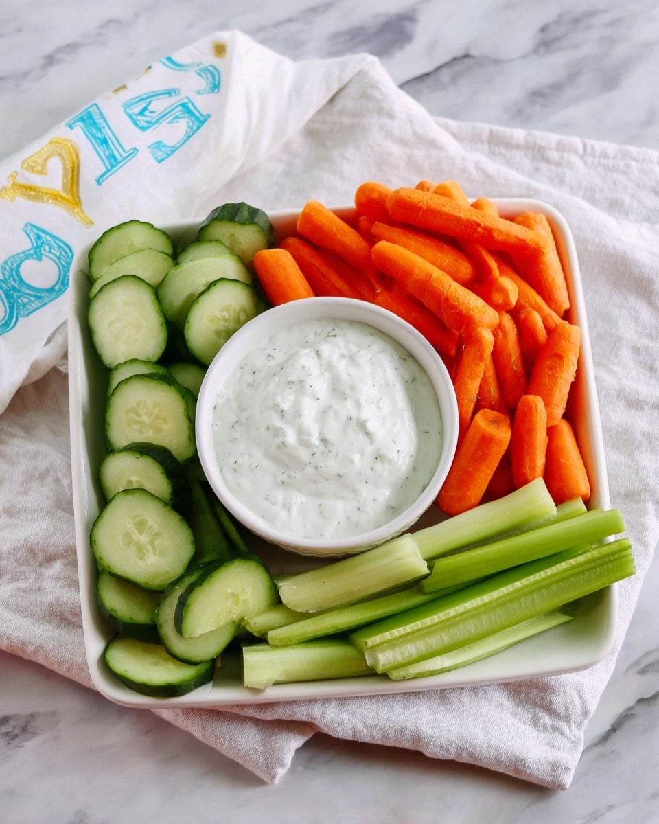 A white square tray holds a small white bowl filled with thick white ranch dip in the center. Around the bowl, there are three vegetable sections: bright green celery sticks on the right, vibrant orange baby carrots in the middle, and fresh cucumber slices with dark green edges on the left. The tray is placed on a white marbled surface with a white cloth napkin featuring blue and yellow letters partially visible on the left side. The vegetables look fresh and crunchy, and the dip has a smooth, creamy texture with specks of herbs. Photo taken with an iphone --ar 4:5 --v 7
