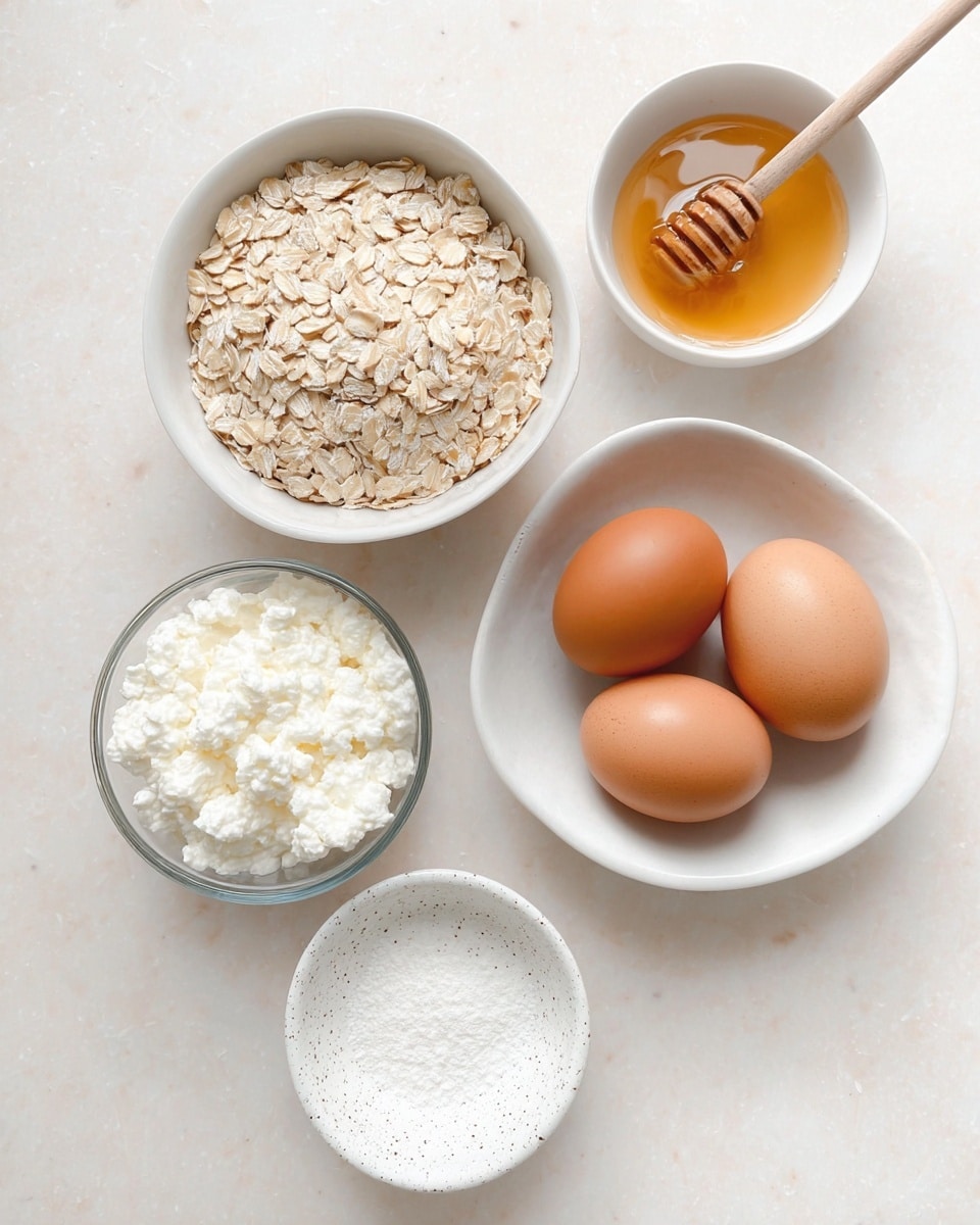 The image shows five small white bowls placed on a white marbled surface, each holding a different ingredient. The largest bowl near the center is filled with light beige rolled oats, showing a rough texture. To the right, a medium white bowl contains four brown eggs with smooth shiny shells. Above this, a small white bowl holds golden honey, with a wooden honey dipper resting inside and soaked in honey. Below the eggs, a small white speckled dish contains white powdery baking soda or baking powder. At the bottom left, a clear glass bowl holds white, creamy cottage cheese with visible small lumps. photo taken with an iphone --ar 4:5 --v 7