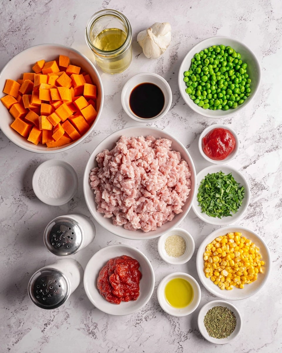 The image shows various ingredients arranged neatly on a white marbled surface. In the center, there is a white bowl filled with light pink minced meat. Surrounding it are multiple small white bowls and dishes containing different items: cubed orange sweet potatoes on the bottom left, green peas and yellow corn mix on the right, finely chopped onions on the upper right, a small bowl with dark soy sauce near the top center, a glass jar with light golden broth, white salt shaker, black pepper shaker, minced garlic on a small white dish, tomato paste in a clear glass bowl, dried herbs in two small white bowls, bright yellow oil in another small white bowl, and green chopped herbs slightly to the right of the center. The layout is clean and organized. photo taken with an iphone --ar 4:5 --v 7