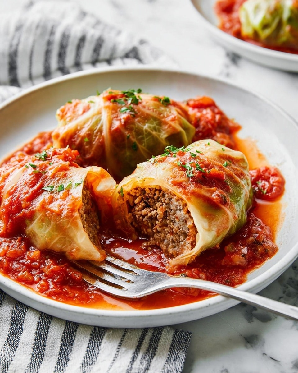 A white plate holds three stuffed cabbage rolls, each wrapped in pale green cabbage leaves with a soft texture. The rolls are filled with a coarse, brown mixed meat and grain mix, clearly visible in the cut roll. The rolls are placed on a base layer of chunky, bright red tomato sauce with visible pieces of tomato and herbs throughout. The tomato sauce pools around the cabbage rolls, filling the plate. Small green herb bits are sprinkled on top of the tomato sauce and rolls. A silver fork rests on the plate, with its tines gently pressing on the cut-faced cabbage roll. The whole scene is set on a white marbled surface with a striped cloth partially visible next to the plate. Photo taken with an iphone --ar 4:5 --v 7