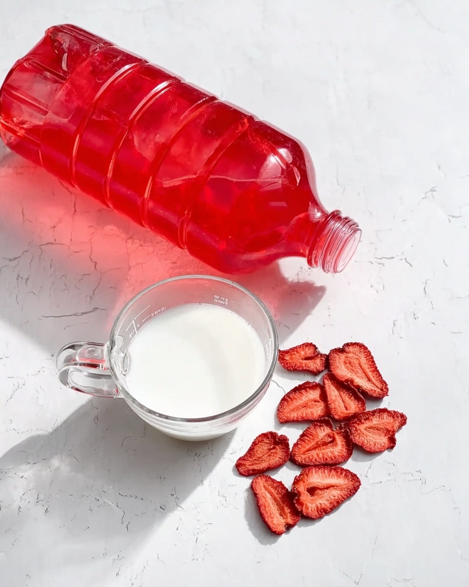 A clear measuring cup filled with white liquid, placed on a white marbled surface. Next to it lies a large clear plastic bottle filled with red liquid, positioned horizontally. In front of these, there are several thin slices of dried strawberries scattered on the white marbled surface. photo taken with an iphone --ar 4:5 --v 7