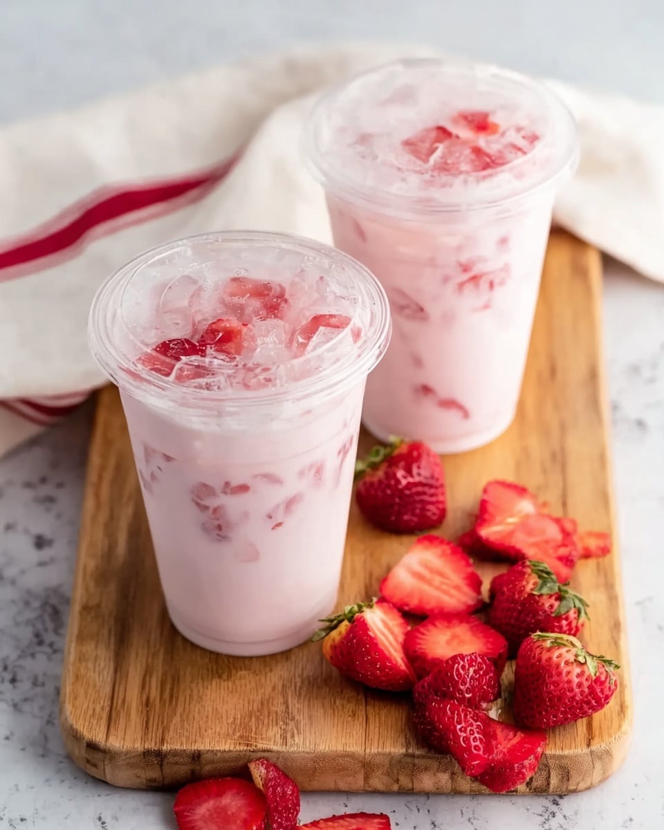 Two clear plastic cups with lids are filled with a light pink drink containing small pieces of bright red strawberries. The drink has a creamy texture and there are ice cubes visible inside the cups. The cups are placed on a wooden board, which also holds some scattered strawberry slices around the cups. A white cloth with a red stripe is lying in the top background. The surface below is a white marbled texture. photo taken with an iphone --ar 4:5 --v 7