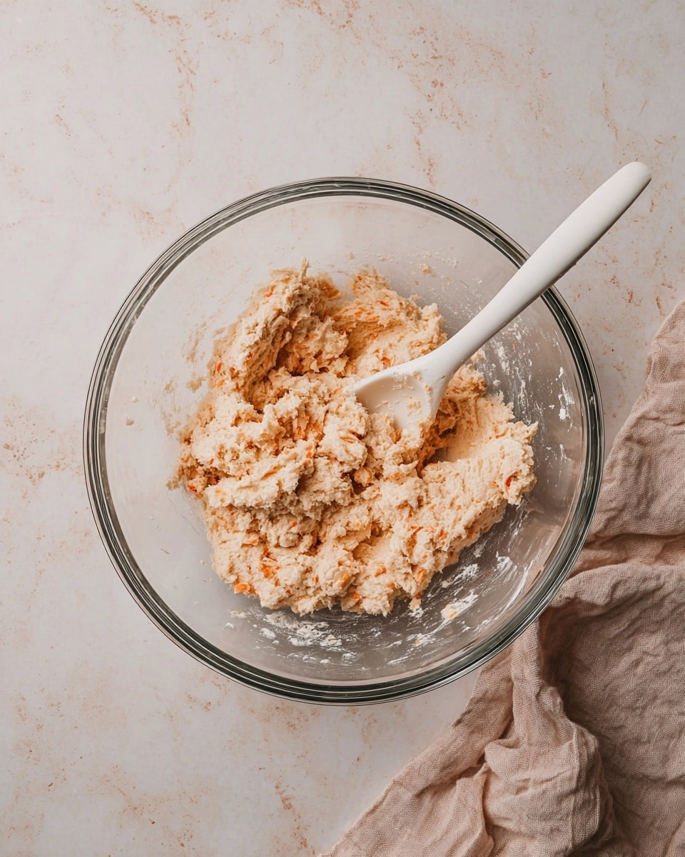 In the image, there is a clear glass bowl containing a rough dough mixture that looks a bit crumbly and dry with small orange streaks mixed throughout. The dough has a pale beige color with the orange streaks giving some contrast. Inside the bowl, a white spoon with a long handle is resting in the dough on the right side. The bowl is set on a surface with a white marbled texture. Next to the bowl on the right, a crumpled beige cloth is partly visible. Photo taken with an iphone --ar 4:5 --v 7