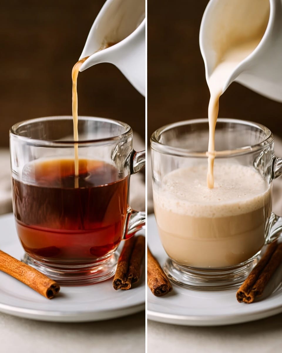 The image shows two clear glass mugs on a white plate with two cinnamon sticks beside each mug. The left mug has dark brown liquid, which looks like tea or coffee. On the right, the mug is being filled with creamy, light tan liquid from a white pitcher, changing the color inside the mug to a creamy light brown. The background and surface are warm toned with soft light. photo taken with an iphone --ar 4:5 --v 7