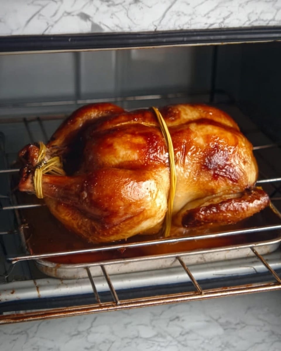 A whole roasted chicken with golden-brown, crispy skin sits inside a metal oven rack, the chicken tied with a yellow string around its body. The chicken looks shiny and cooked well, resting horizontally in the center of the oven with the legs and wings tucked close. The metal oven rack is silver, and the oven’s interior is visible with a slight shine and shadows reflecting the heat. The background is a white marbled texture. Photo taken with an iphone --ar 4:5 --v 7
