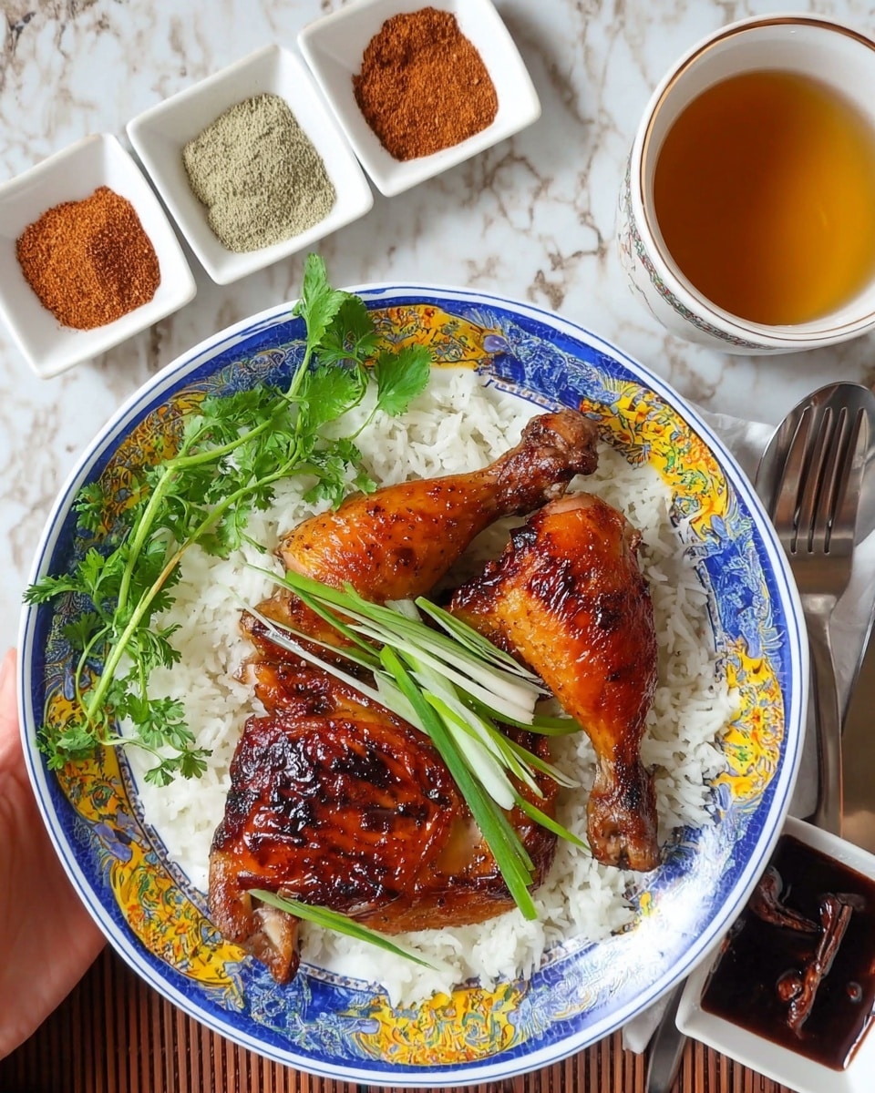 A white plate with a colorful blue and yellow patterned rim holds two shiny, brown grilled chicken legs placed on top of a bed of fluffy white rice. Fresh green herbs and thin green onion strips lie across the chicken, adding a fresh pop of color. Around the plate, on a white marbled surface, there are small white dishes filled with brown spices, a white cup with light tea, and a square white dish with dark dipping sauce. A spoon and fork rest on the side, and a woman's hand holds the plate from behind. Photo taken with an iphone --ar 4:5 --v 7