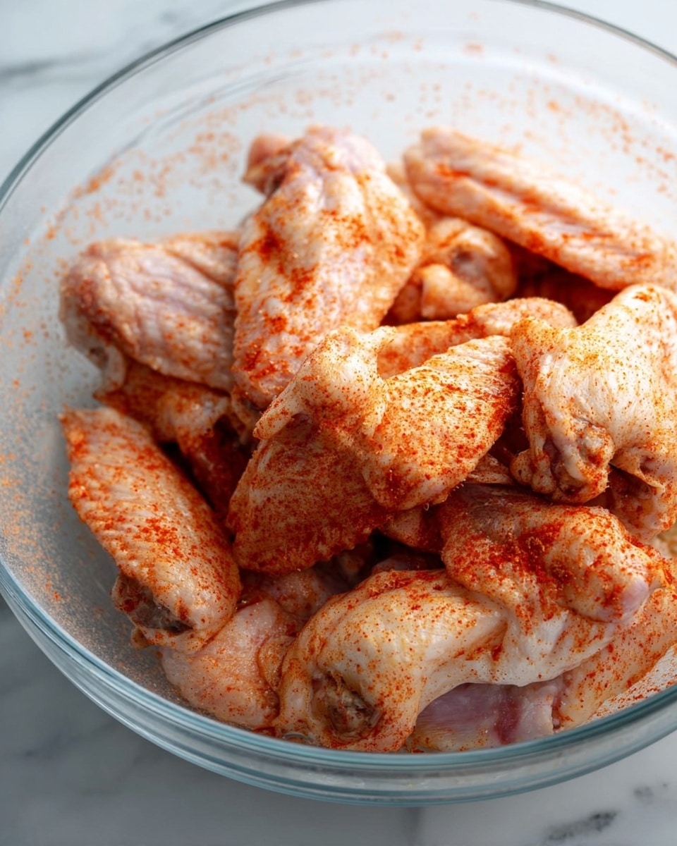 A clear glass bowl filled with several raw chicken wings covered in a light red spice mix. The wings vary in size and are positioned randomly, showing smooth, pale skin with textured spices sprinkled unevenly across the surface. The bowl's inside has some powder residue, and it rests on a white marbled surface. Photo taken with an iphone --ar 4:5 --v 7