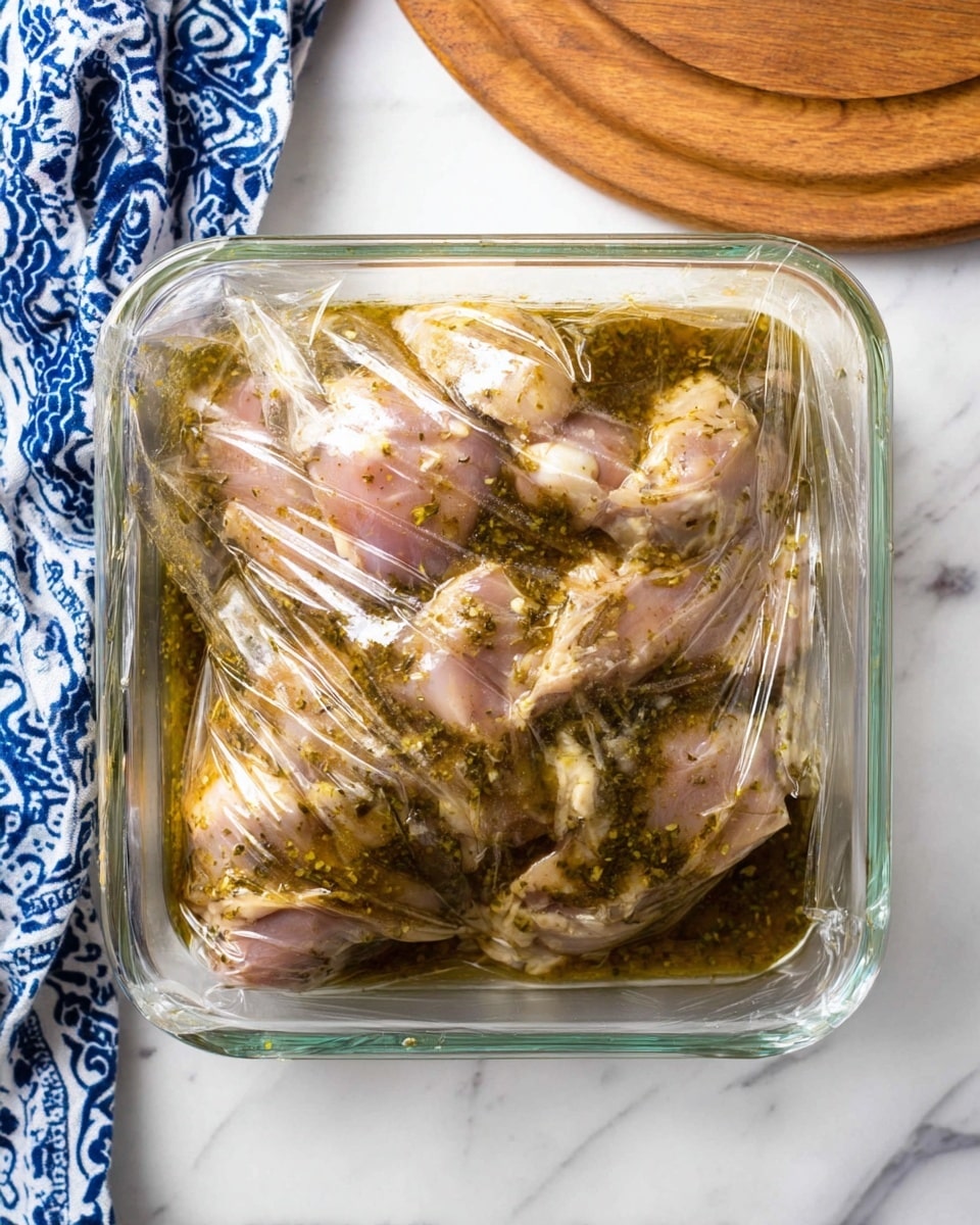 The image shows a clear glass baking dish on a white marbled surface, holding a transparent plastic bag filled with raw chicken pieces marinated in a mix of herbs and oil. The chicken is a pale pink color with white fatty parts, and the marinade has a greenish-brown tint with visible herb flakes scattered throughout. The plastic bag is sealed and crinkled, sitting loosely around the chicken inside the baking dish. A blue and white patterned cloth is placed in the upper left corner, and a round wooden board is partially visible in the upper right corner. Photo taken with an iphone --ar 4:5 --v 7
