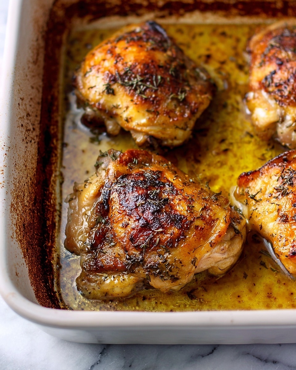 The image shows three baked chicken pieces with golden brown, crispy skin in a white baking dish. The chicken thighs have a light layer of herbs scattered on top and some spots of darker, more toasted texture. The dish contains a mix of juices and oil around the chicken, giving a shiny, moist look. The white baking dish has browned edges from cooking, and the background is a white marbled surface. photo taken with an iphone --ar 4:5 --v 7