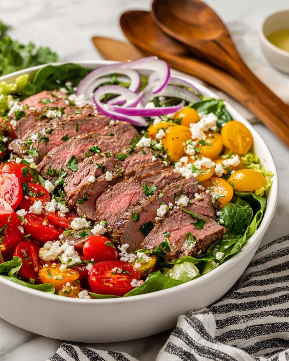 The dish is served in a white bowl resting on a white marbled surface. It has several layers starting with a bed of green lettuce leaves at the bottom, mixed with sliced red onions, halved red and yellow cherry tomatoes scattered all over. On top, there is a thick layer of thinly sliced grilled steak with light char marks, arranged neatly in the center. The steak is drizzled with a creamy, light orange sauce with small green herb bits. White crumbled cheese is sprinkled across the entire dish, adding texture and contrast. Fresh green cilantro pieces are spread around, enhancing the colorful and fresh look. photo taken with an iphone --ar 4:5 --v 7