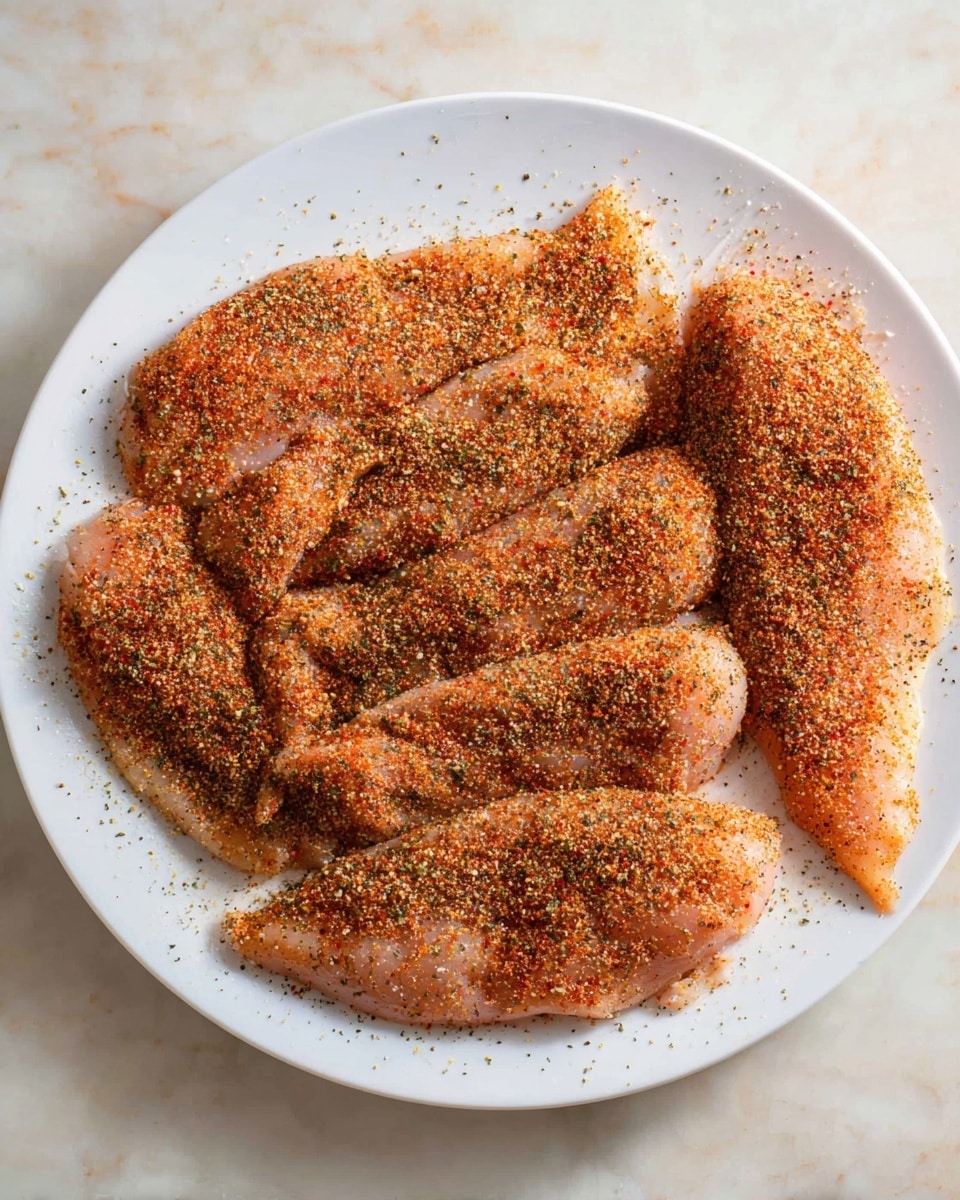 A white plate on a white marbled surface holds six thin, raw chicken fillets arranged close together, each coated evenly with a mix of red, brown, and green herbs and spices. The spices cover the chicken pieces with a textured look, showing a mix of coarse and fine dry seasoning that gives a rustic appearance. The chicken fillets vary slightly in size and shape but all lay flat, their pale pink color partly visible under the spice layer. The plate is clean around the edges with a few scattered bits of seasoning. Photo taken with an iphone --ar 4:5 --v 7