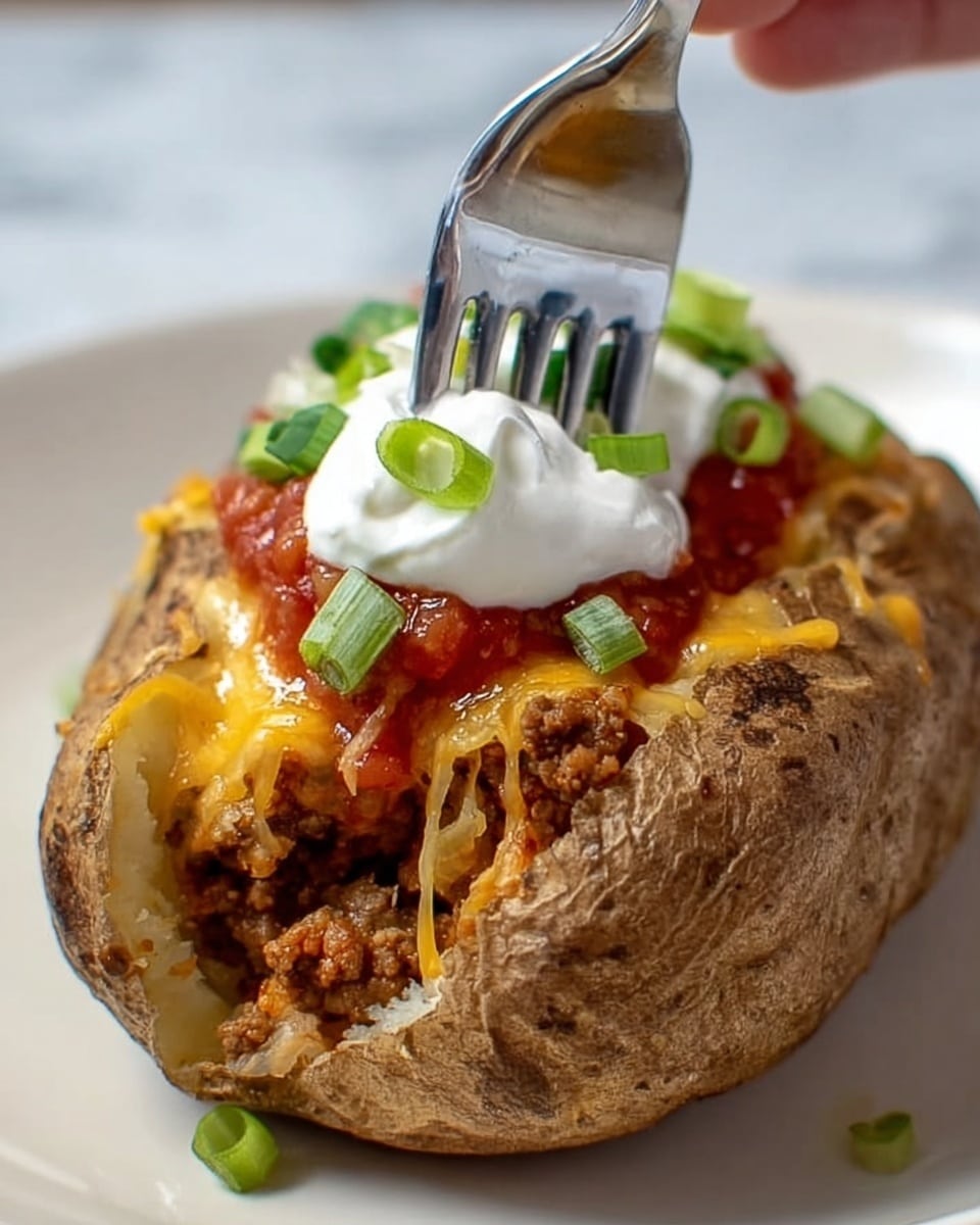A baked potato with a rough brown skin, split open and filled with layers of melted yellow cheese and cooked ground meat visible inside. On top, there is a layer of bright red salsa, topped with a thick dollop of white sour cream. Small pieces of green sliced onions are sprinkled on the sour cream and salsa, adding color and texture. A silver fork is pressing down into the sour cream, held by a woman's hand. The potato sits on a plain white plate, placed on a white marbled surface. photo taken with an iphone --ar 4:5 --v 7