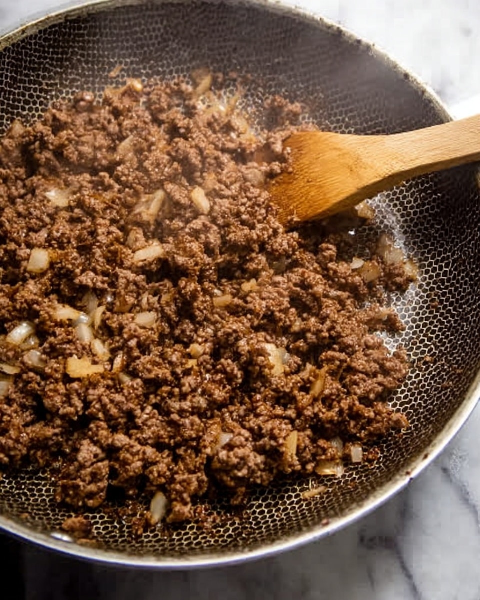 A close-up view of a frying pan filled with browned ground meat mixed with small pieces of cooked onions. The texture is crumbly and slightly greasy, showing bits clumped together with steam rising from the hot mixture. A wooden spoon rests inside the pan on the right side, partially submerged in the meat. The pan has a metallic, honeycomb pattern on the inner surface. The background is a white marbled texture. Photo taken with an iphone --ar 4:5 --v 7