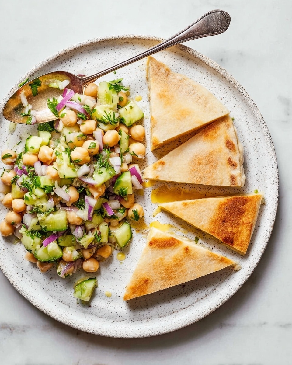 On a white speckled plate, there are four triangular pieces of flatbread stacked slightly overlapping on the right side. On the left side, there is a colorful bean salad made of chickpeas, white beans, chopped cucumbers, diced red onions, and bits of fresh green herbs. A vintage silver spoon scoops some salad towards the edge of the plate. The plate sits on a white marbled textured surface. Photo taken with an iphone --ar 4:5 --v 7