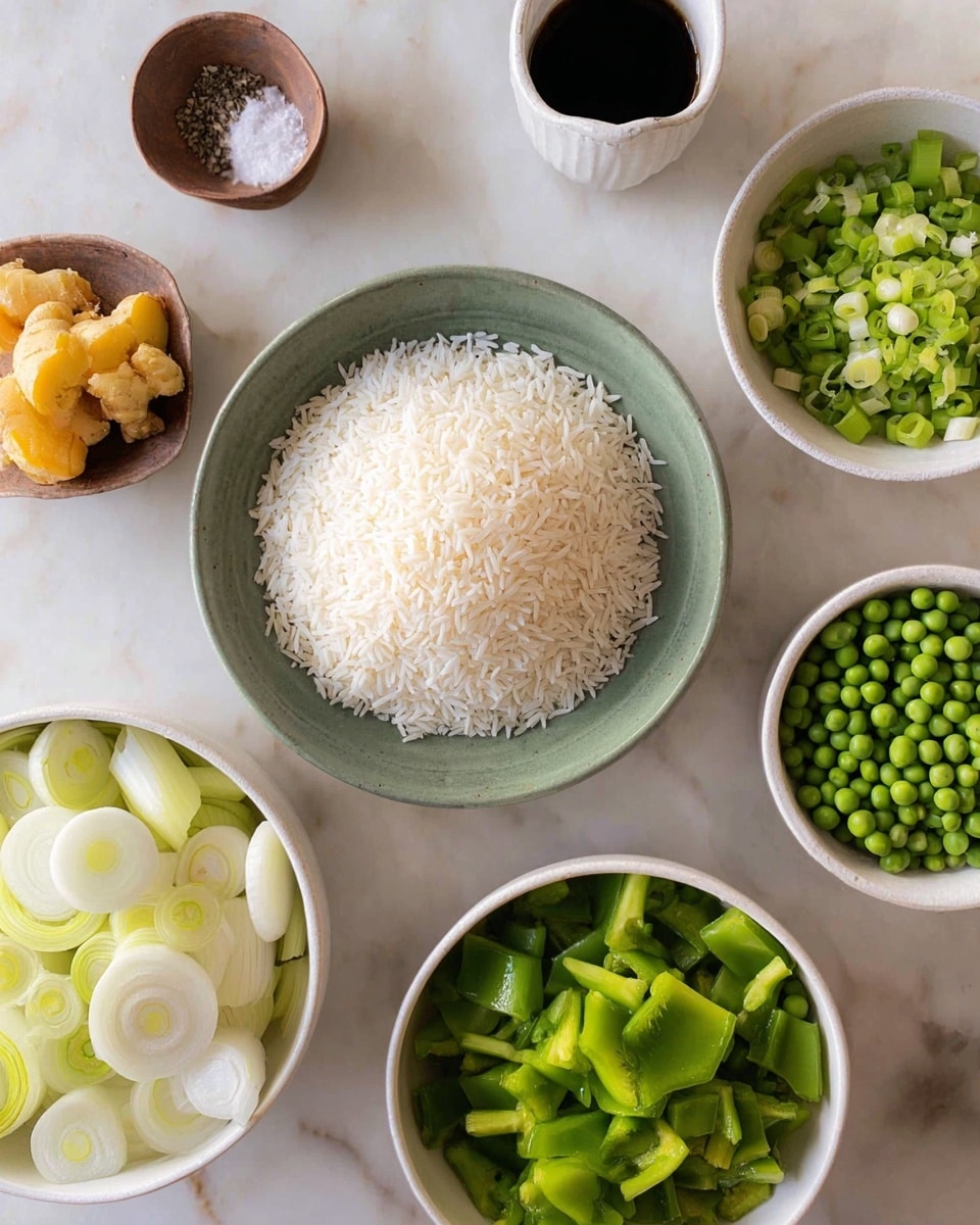 The image shows a top view of several white bowls and dishes arranged on a white marbled surface, containing different raw ingredients. In the center, a green bowl holds a neat pile of uncooked white rice grains. To the top right, a white bowl is filled with chopped green onions, showing vibrant green rings. Below that, there is a white bowl with bright green peas, and next to it on the bottom right, a white bowl with chopped green bell peppers. On the bottom left, a white bowl contains sliced leeks in pale green and white hues, with layered circular shapes. In the top left area, small brown dishes hold chunks of orange ginger, and salt with pepper, while a white cup with a dark liquid is partially visible. The overall look is clean and simple, with fresh green and white colors standing out on the marbled background. Photo taken with an iphone --ar 4:5 --v 7