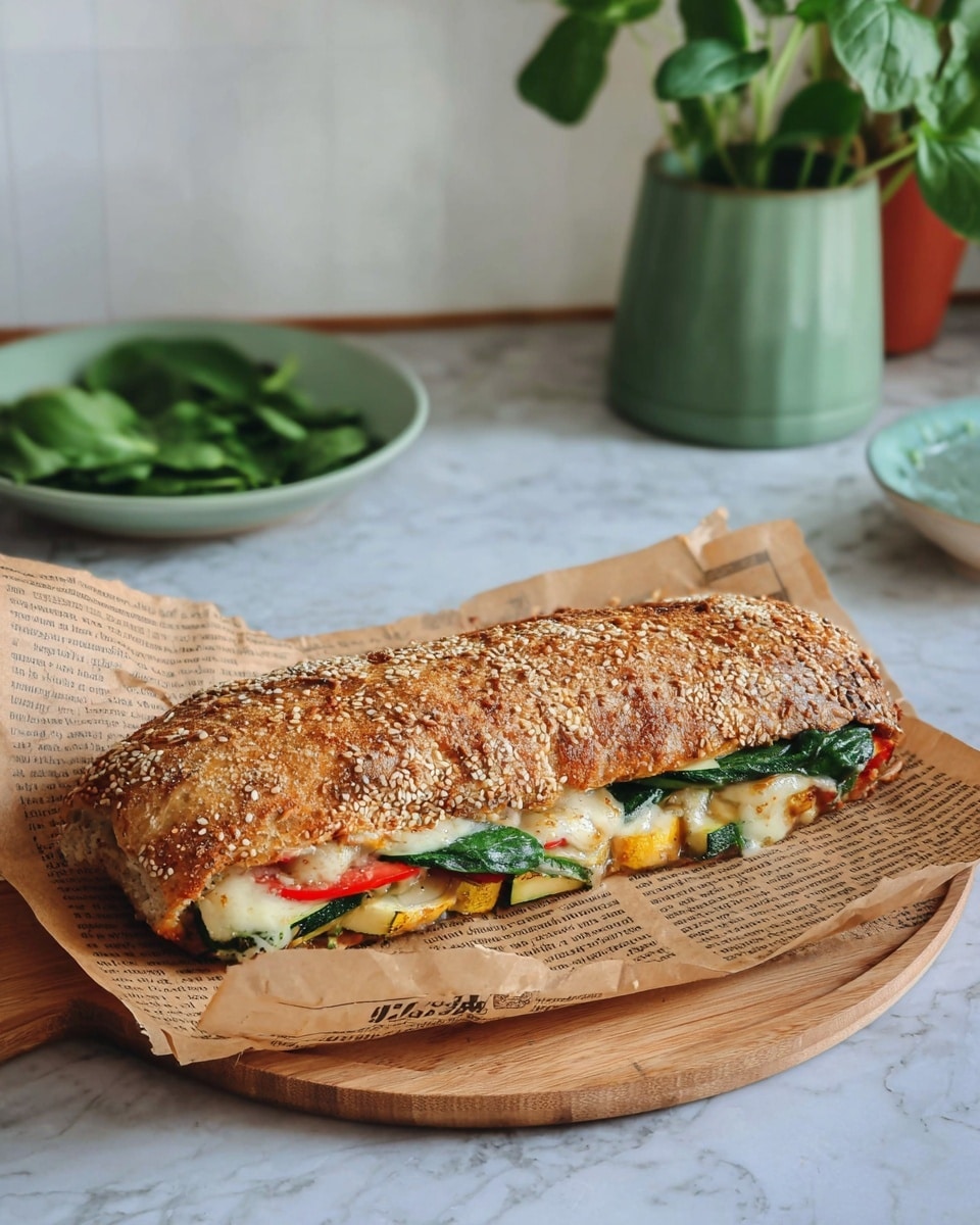 A long sandwich with a sesame seed crust sits on brown newspaper pages on a wooden board, showing layers of melted white cheese, green spinach leaves, thin slices of red tomato, and yellow zucchini inside. The crust is brown and toasted, covering the top of the sandwich, while some cheese and veggies peek out from the side. In the background, there is a white marbled surface with a green bowl holding fresh spinach leaves. The setting has soft natural light and a clean, simple style. photo taken with an iphone --ar 4:5 --v 7
