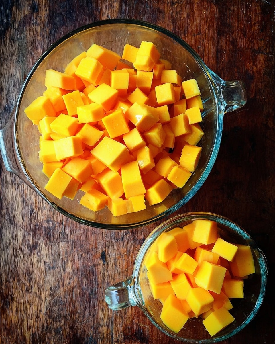 Two clear glass bowls filled with bright orange-yellow cubes of squash. The bowl at the top is larger and almost full of the cubes, while the smaller bowl at the bottom is also filled with the same cubes. Both bowls have handles, and the bowls sit on a dark wooden surface. The cubes appear smooth and evenly cut. photo taken with an iphone --ar 4:5 --v 7