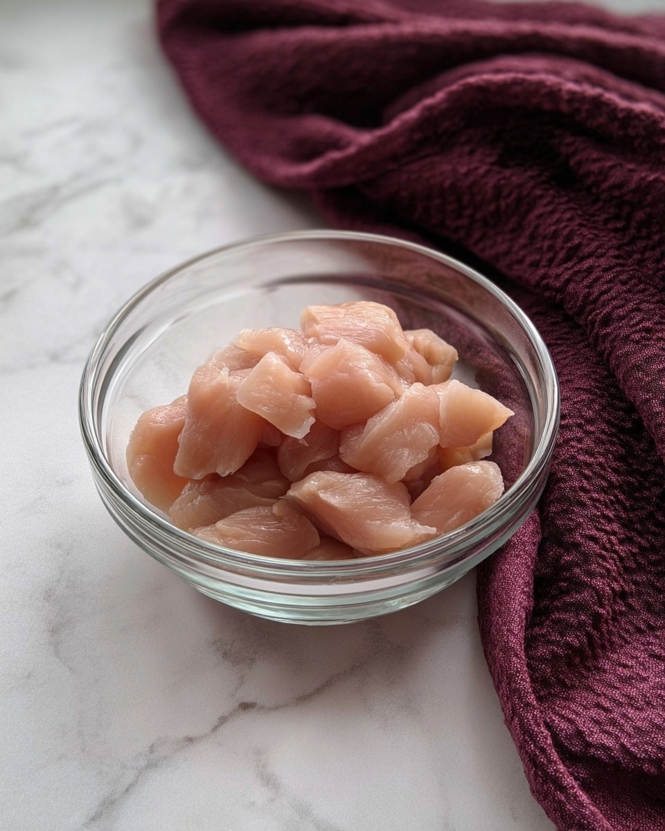 A clear glass bowl on a white marbled surface holds small pieces of raw chicken, each piece light pink with a soft texture, layered loosely in the bowl. In the background, a wrinkled dark burgundy cloth adds contrast to the scene. Photo taken with an iphone --ar 4:5 --v 7