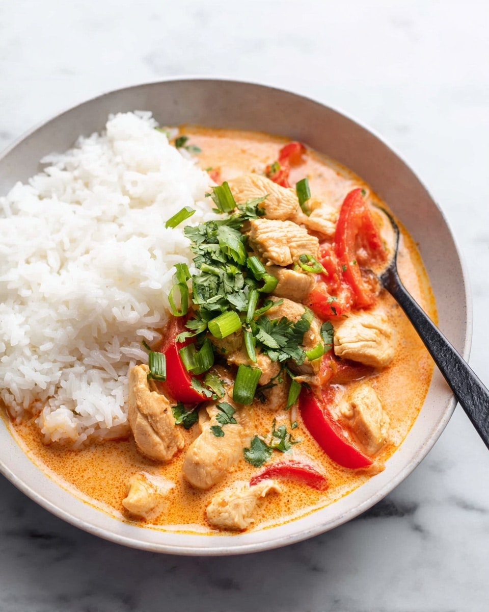 A white bowl filled with two main layers is shown on a white marbled surface. On the left, there is a mound of fluffy white rice with soft texture. To the right, there is an orange creamy sauce with tender light golden pieces of chicken and bright red slices of bell pepper scattered within. On top, fresh green chopped scallions and cilantro add a fresh look. A black fork rests inside the bowl to the right side, partially dipped in the sauce. Photo taken with an iphone --ar 4:5 --v 7