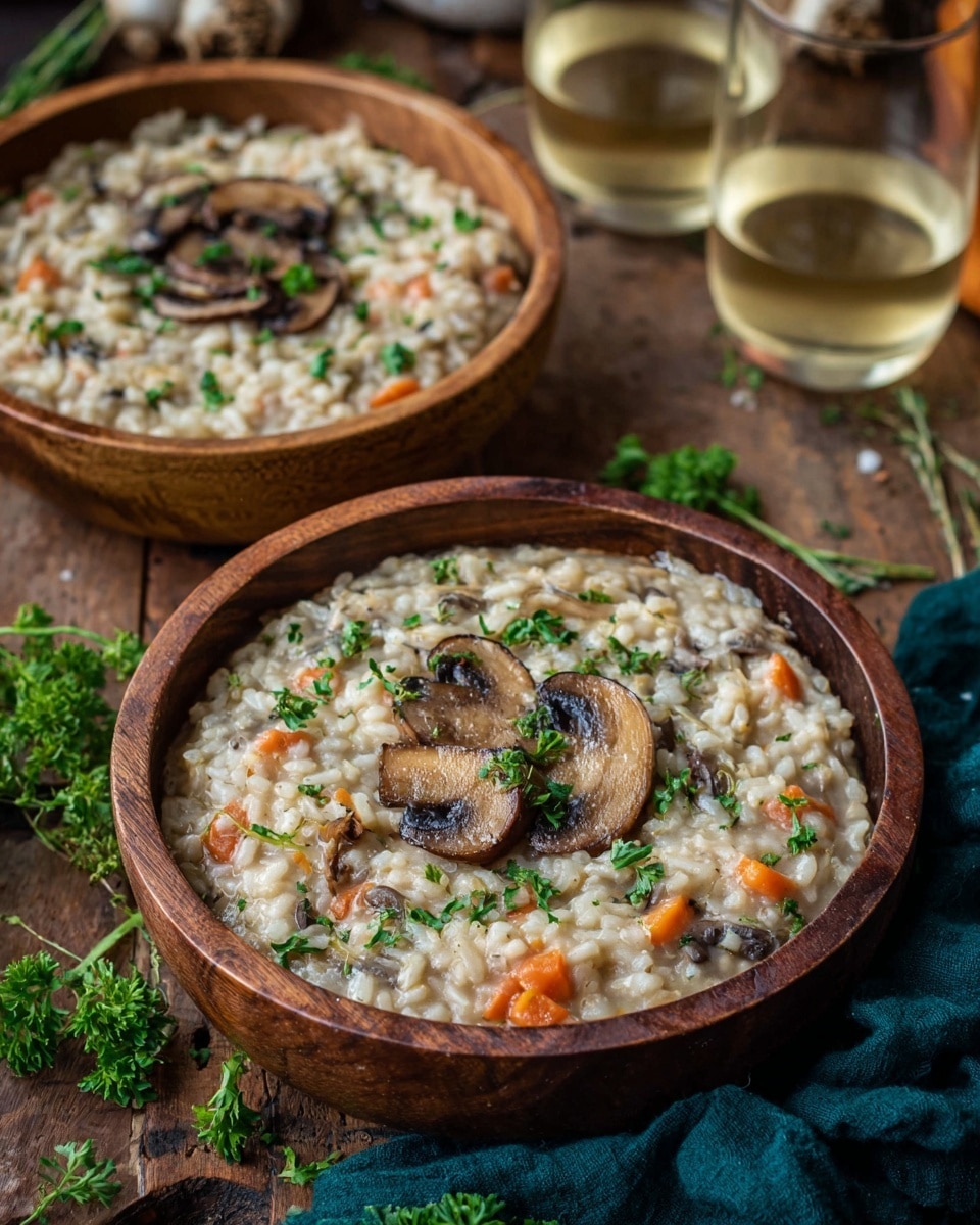 Two wooden bowls filled with thick mushroom risotto sit on a wooden table. Each bowl has a creamy risotto base with visible small pieces of orange carrot and brown mushroom slices mixed in. On top, there are three lightly browned mushroom slices layered in the center, sprinkled with fresh green parsley leaves. Some sprigs of parsley are scattered around the table, and a dark green cloth is placed beside the bowls. In the background, two glasses of light-colored drink are slightly blurred. The setting is cozy and rustic with a focus on the texture and colors of the risotto photo taken with an iphone --ar 4:5 --v 7