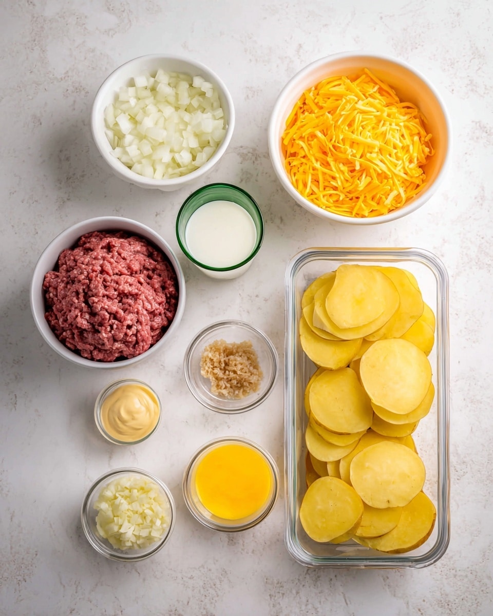 The image shows several ingredients arranged neatly on a white marbled surface. There is a white bowl filled with finely chopped onions, next to it a larger white bowl with bright orange shredded cheddar cheese. Above these is a white bowl holding raw ground beef. To the right, there is a rectangular clear container filled with thinly sliced yellow potato rounds soaked in water. In the center, a small white bowl contains a light brown minced ingredient, likely garlic. Near it are three small containers: one with a yellow sauce, one with a light cream-colored sauce, and another with a thicker sauce mixed with finely chopped pieces. A clear green glass cup filled with milk completes the setup. Photo taken with an iphone --ar 4:5 --v 7