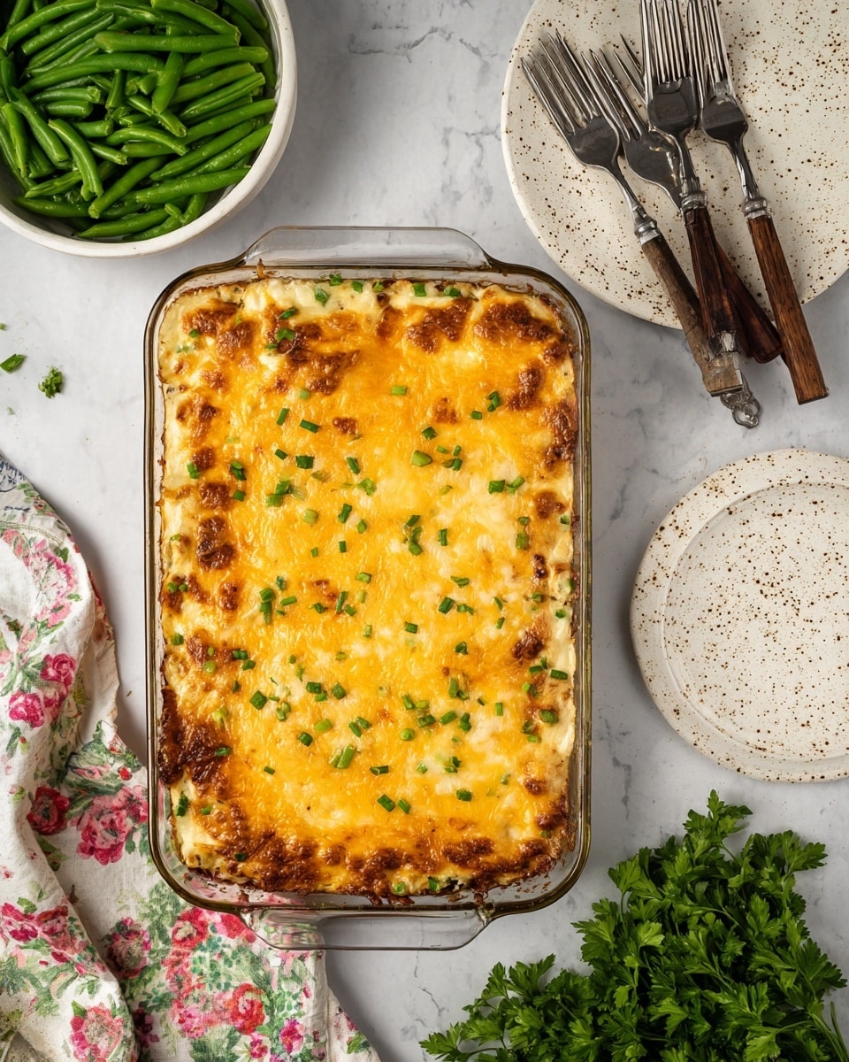 The image shows a rectangular glass baking dish filled with a baked casserole that has one thick layer of melted golden yellow cheese on top, slightly browned in spots, sprinkled with small green herb pieces. To the top left is a white bowl filled with cut green beans. At the top right, a white plate with brown speckles holds three silver forks. A cooking spatula with a dark handle is placed on a floral cloth on the bottom left. Fresh green parsley is seen at the bottom right on the white marbled surface. photo taken with an iphone --ar 4:5 --v 7