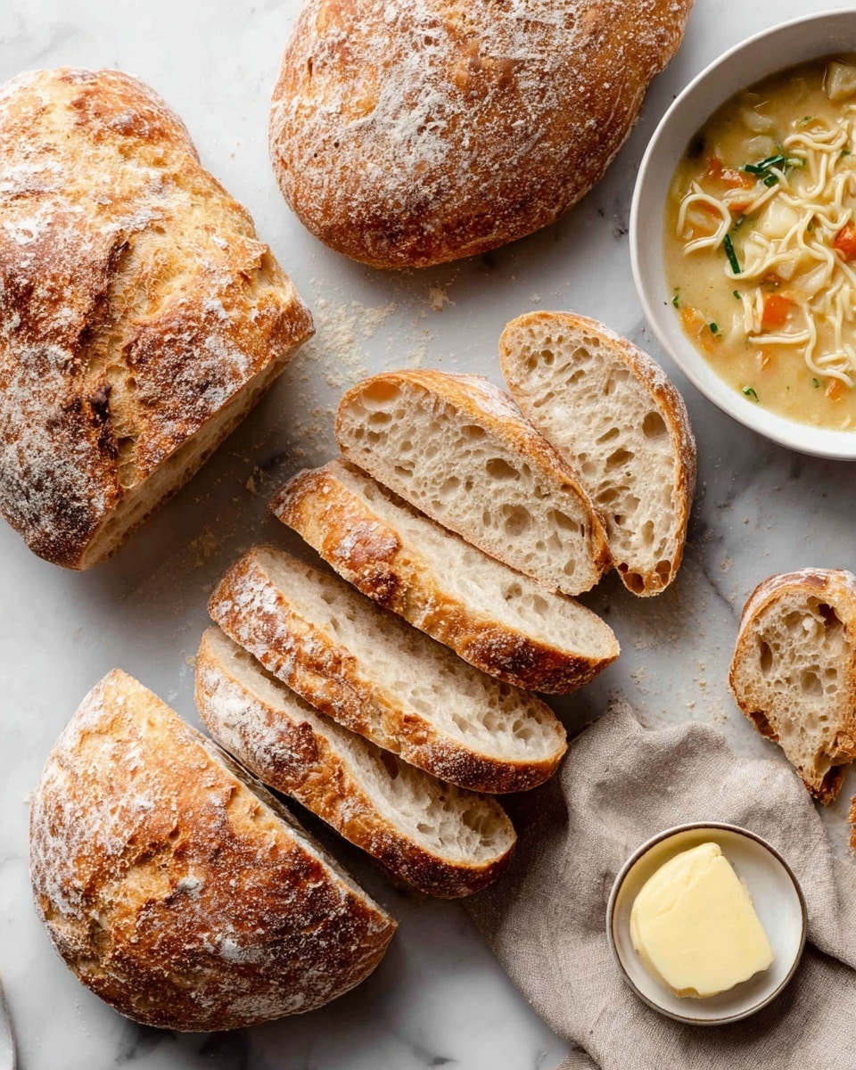 The image shows four loaves of crusty bread with a golden brown, slightly flour-dusted crust arranged on a white marbled surface. One loaf is sliced into five thick pieces, revealing a soft, airy, light beige inside with small holes. To the right, there is a white bowl filled with creamy soup that has noodles, small vegetable pieces, and herbs floating on top. At the bottom right, a small round container holds pale yellow butter, with a piece of bread resting nearby on a beige cloth napkin. Photo taken with an iphone --ar 4:5 --v 7