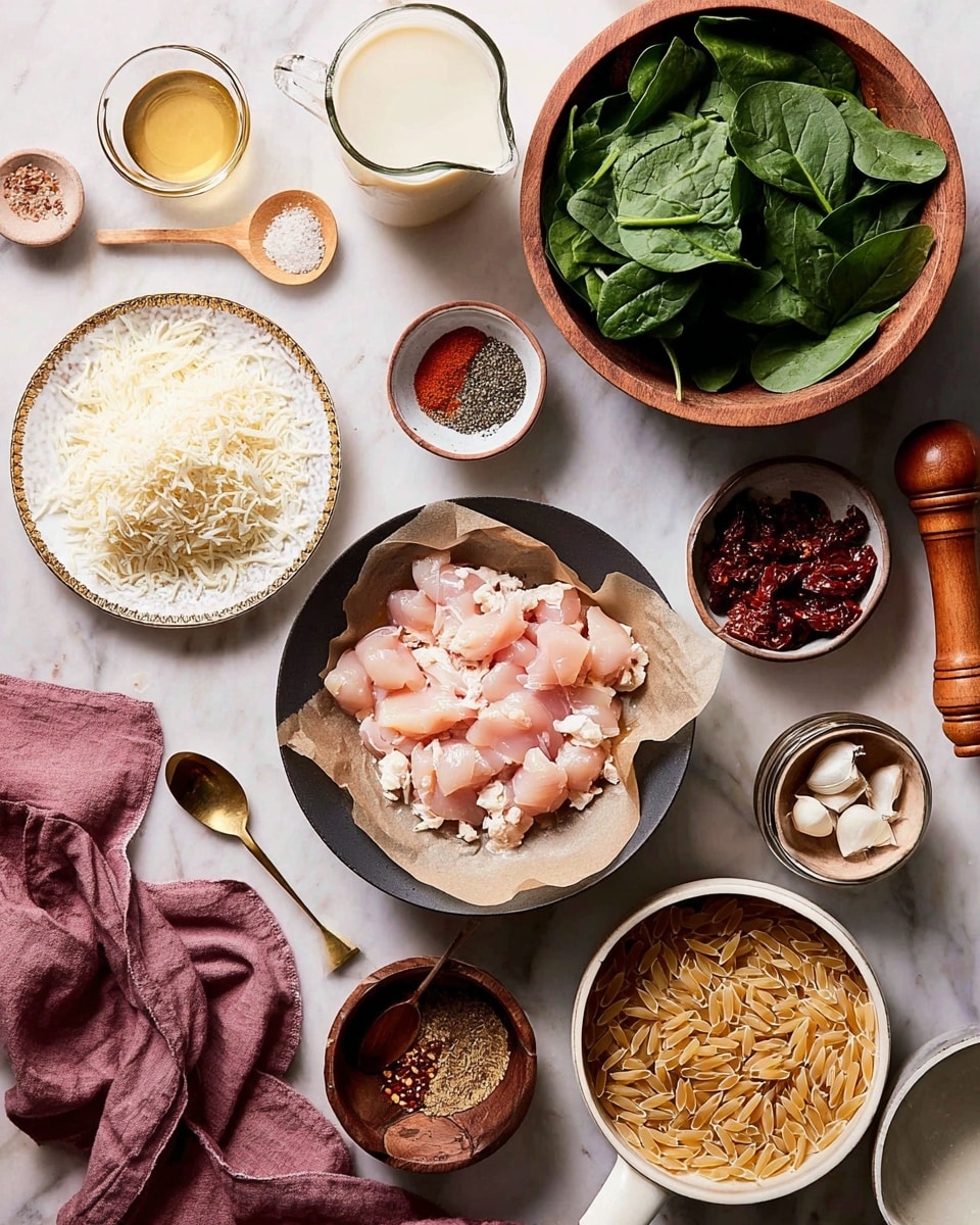 A flat lay of cooking ingredients shown on a white marbled surface, centered around a dark round bowl lined with parchment paper filled with raw pieces of light pink chicken. Above that, a wooden bowl full of fresh green spinach leaves is placed to the right. To the left of the chicken, there is a white plate with a golden rim piled with shredded white cheese and a golden spoon resting on it. Near the top left corner, a small glass jug filled with creamy white sauce is next to a wooden pepper grinder. Around the center top, there are three small bowls holding black pepper, red paprika powder, and white salt, the salt bowl has a small gold spoon inside. A small glass bowl of dark red sun-dried tomatoes with a wooden spoon lies beside the cheese plate. On the bottom right corner, two stacked bowls contain uncooked light brown orzo pasta. To the right of the chicken, a small white bowl with garlic cloves sits near a glass jar with a golden liquid, possibly broth. A white pan with handles and a wooden spatula lies bottom left, covered partially by a folded mauve cloth. Photo taken with an iphone --ar 4:5 --v 7