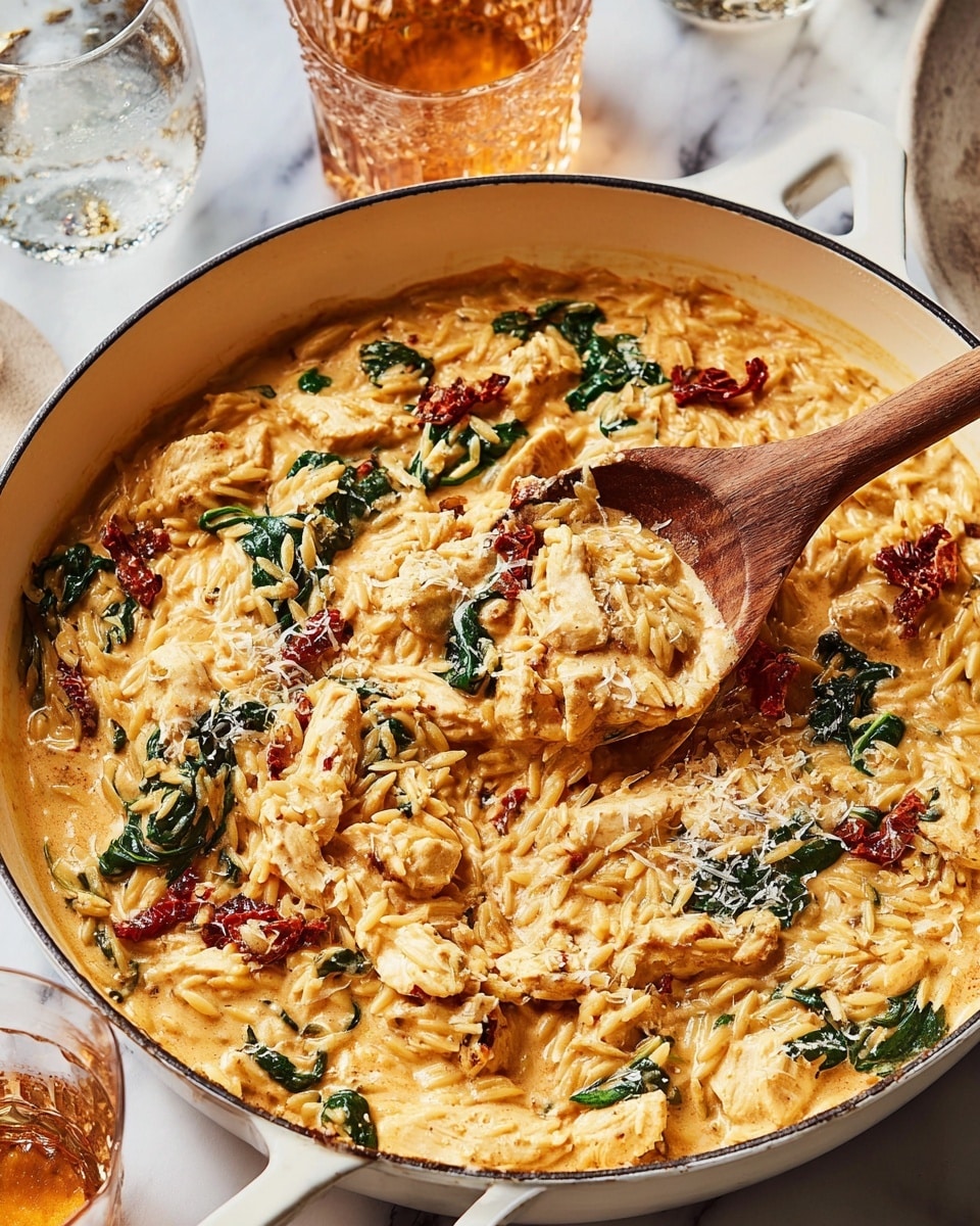 The dish is a creamy one-pot pasta served in a large white enamel pan. It has three main layers: creamy light orange sauce on the bottom, mixed with small bits of golden brown chicken pieces and orzo pasta grains. On top, there are dark green spinach leaves and pieces of sun-dried red tomatoes scattered evenly. The texture is rich and saucy with a slight sprinkle of grated cheese on top. A wooden spoon is scooping some of the creamy mix from the right side of the pan. The background is a white marbled texture with nearby glass of water and amber drink. Photo taken with an iphone --ar 4:5 --v 7