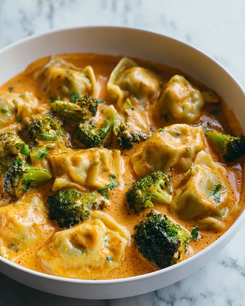 A white bowl filled with several ravioli pieces and broccoli florets in a creamy orange sauce. There are about two layers visible: the bottom layer is the smooth, thick orange sauce that nearly fills the bowl, while the top layer shows ravioli with a light yellow color and slightly wrinkled texture, scattered along with dark green broccoli. The sauce clings lightly to the edges of the ravioli and broccoli, creating a rich and warm look. The bowl sits on a white marbled surface. photo taken with an iphone --ar 4:5 --v 7