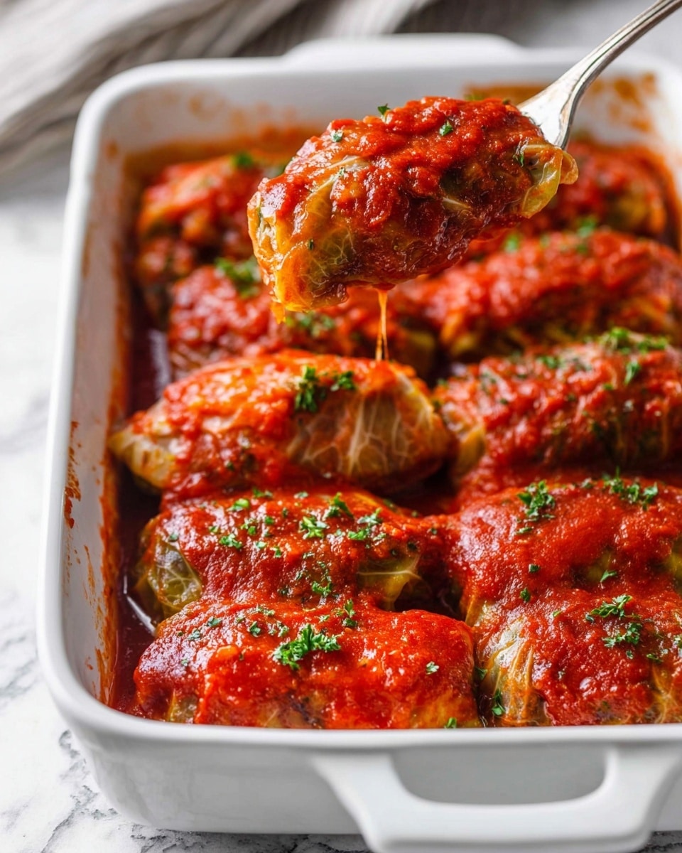 A white rectangular dish filled with stuffed cabbage rolls covered in bright red tomato sauce, each roll showing a browned, slightly textured outer cabbage layer underneath the sauce. The rolls are arranged in rows and sprinkled with small green herb pieces. One cabbage roll is held above the dish by a fork, showing the sauce dripping slightly and revealing the stuffed texture inside. The dish is set on a white marbled surface. photo taken with an iphone --ar 4:5 --v 7