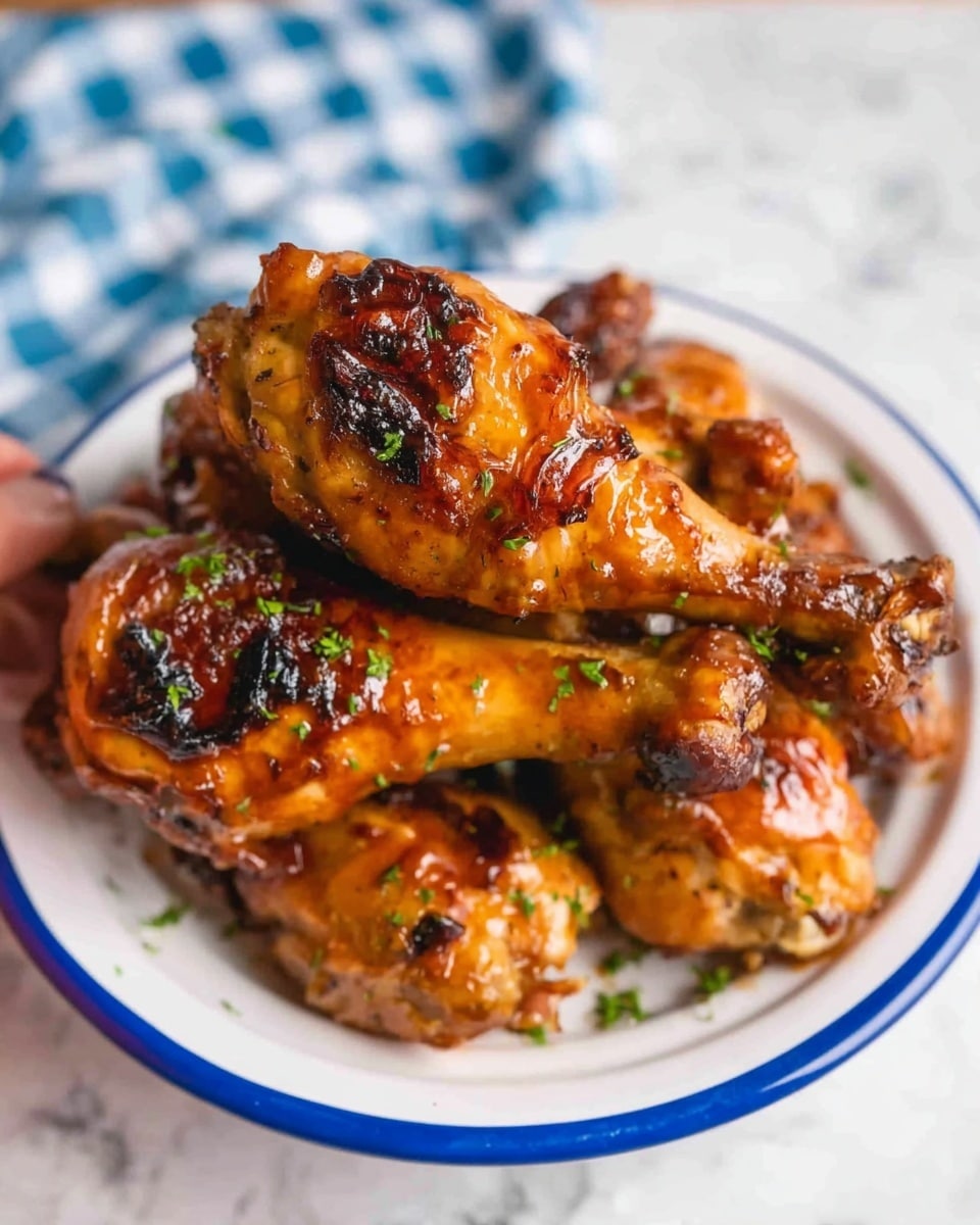 The image shows a white plate with a blue rim, filled with several pieces of glazed chicken drumsticks stacked on top of each other. The chicken is golden brown with a shiny, slightly sticky texture and some darker grilled spots. Small green herb bits are sprinkled lightly over the chicken. The plate sits on a white marbled textured surface with a blue and white checkered cloth partially visible in the background. A woman's hand is gently holding one drumstick at the top left corner. Photo taken with an iphone --ar 4:5 --v 7