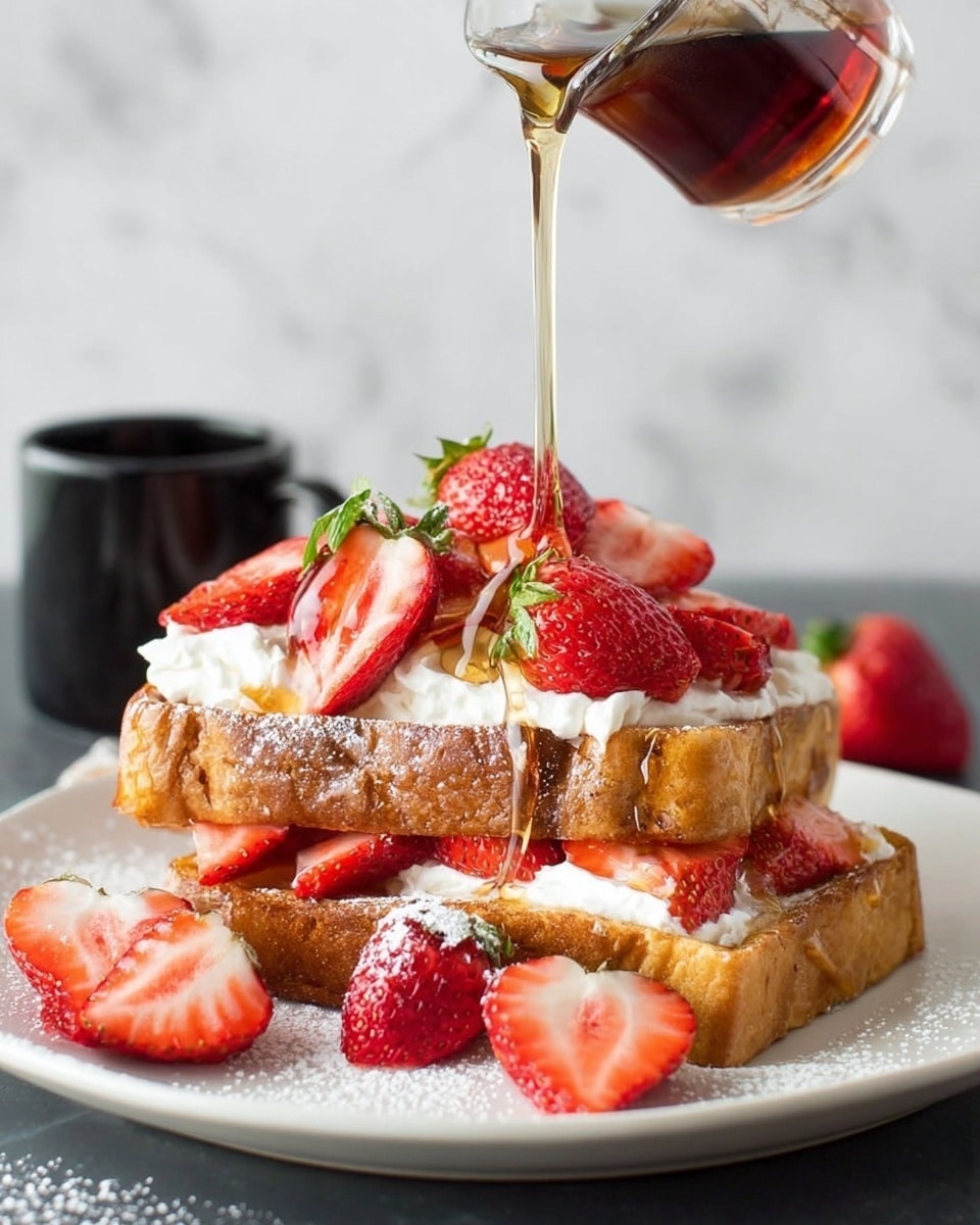 A stack of two thick slices of golden-brown toast filled with melted cream cheese oozing slightly from the sides is placed on a white plate. On top of the toast, there is a dollop of white whipped cream surrounded by a generous layer of fresh, vibrant red strawberry halves and slices, some with green stems still attached. Maple syrup is being poured from a glass pitcher over the top strawberries, creating a shiny glaze. A few strawberry pieces lay around the plate’s base, with a light dusting of powdered sugar over the toast and plate. The background has a white marbled texture, and a black cup is partially visible behind the plate. Photo taken with an iphone --ar 4:5 --v 7
