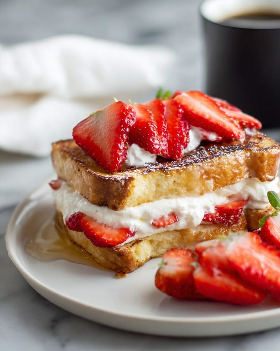 A close-up of a white plate on a white marbled surface showing a sandwich with three visible layers: two toasted golden-brown bread slices sandwiching a thick, creamy white filling that looks smooth and soft, topped with white whipped cream and bright red sliced strawberries all over. Next to the sandwich on the plate is a fan of sliced strawberries with green tops. The background shows a blurred black coffee cup and white cloth. photo taken with an iphone --ar 4:5 --v 7