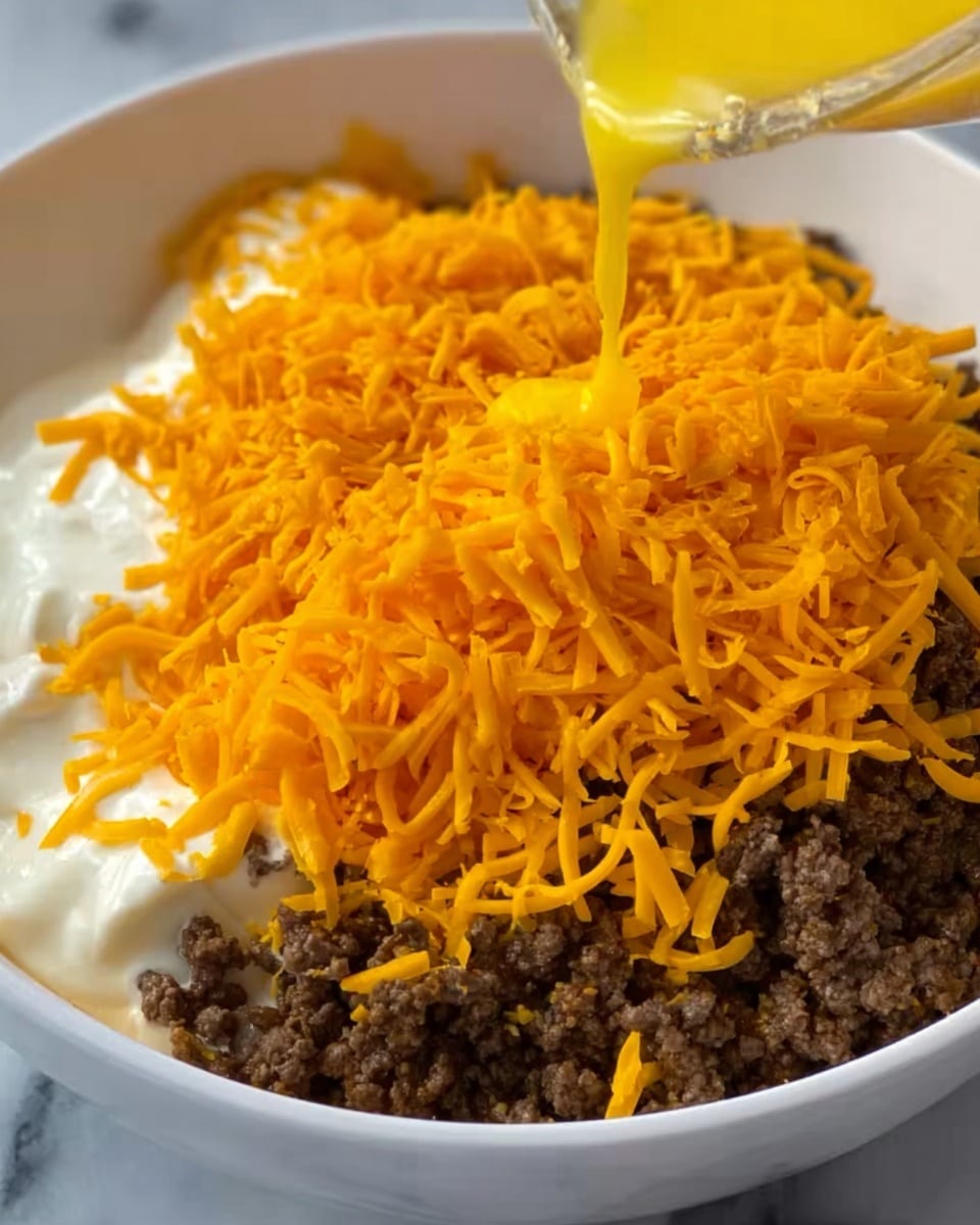The image shows a close-up of a white bowl layered with three clear parts: the bottom layer is creamy and white, above it is a thick layer of cooked ground beef in dark brown color spread around the edges, and on top, there's a large pile of bright orange shredded cheese covering most of the beef and cream. A yellow liquid is being poured over the cheese from the top right, catching light and adding shine to the cheese layer. The bowl sits on a white marbled surface. Photo taken with an iphone --ar 4:5 --v 7