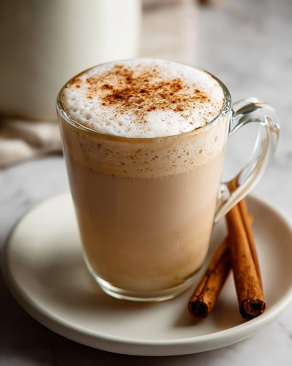 A clear glass cup filled with light brown coffee with a thick layer of white frothy foam on top, sprinkled with a light dusting of brown spice powder. The cup is placed on a white plate, with a blurred white marbled background. A golden spoon is seen in the background, slightly out of focus. photo taken with an iphone --ar 4:5 --v 7