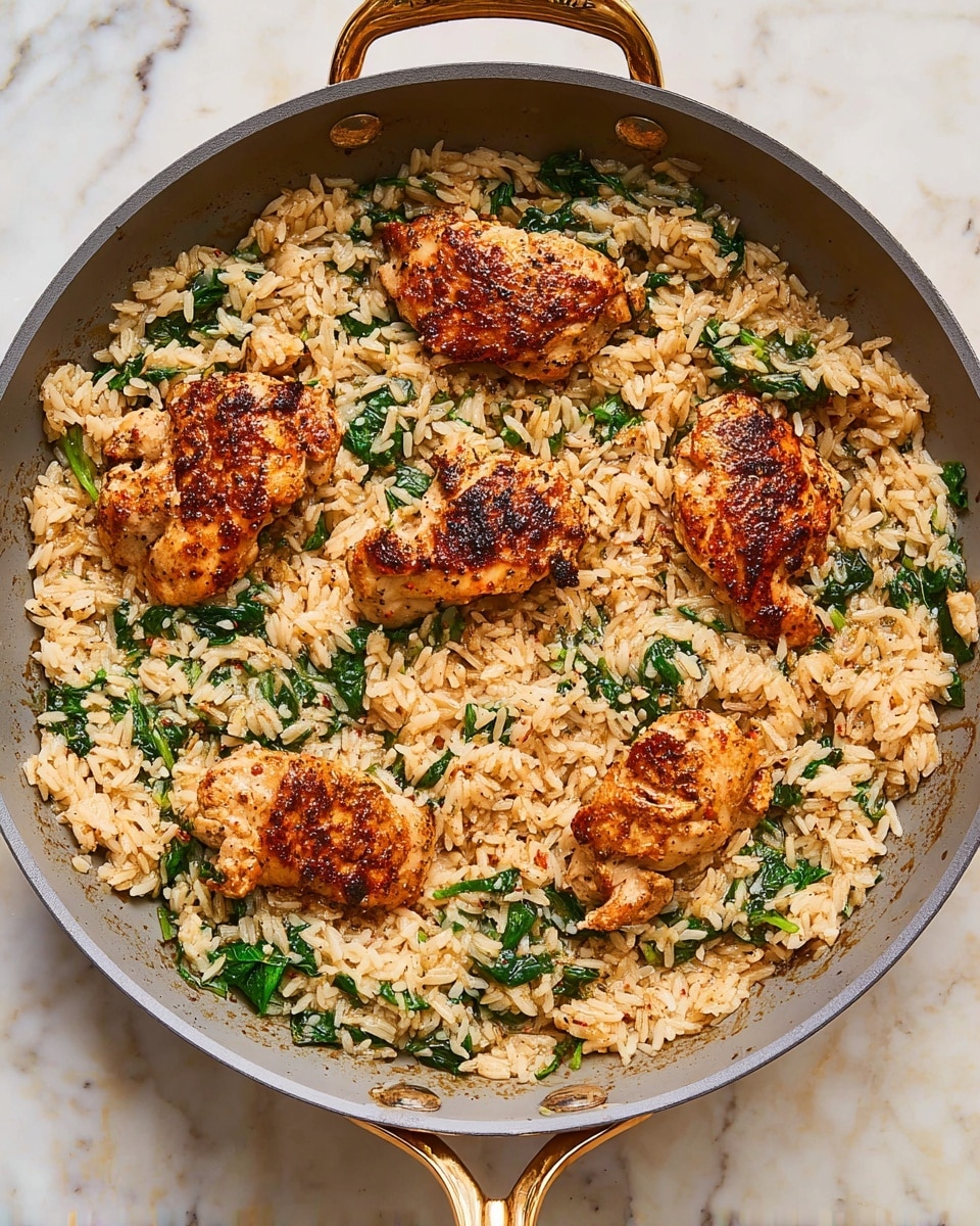 A large shallow gray pan with golden handles is filled with a one-layer dish of cooked rice mixed with green spinach leaves, giving it a mix of beige and bright green colors. On top of the rice, there are six pieces of cooked chicken with a browned, seasoned surface, evenly spread out, with a slightly crispy texture. The rice looks fluffy and moist, and there are small bits of seasoning visible throughout. The pan sits on a white marbled surface. Photo taken with an iphone --ar 4:5 --v 7