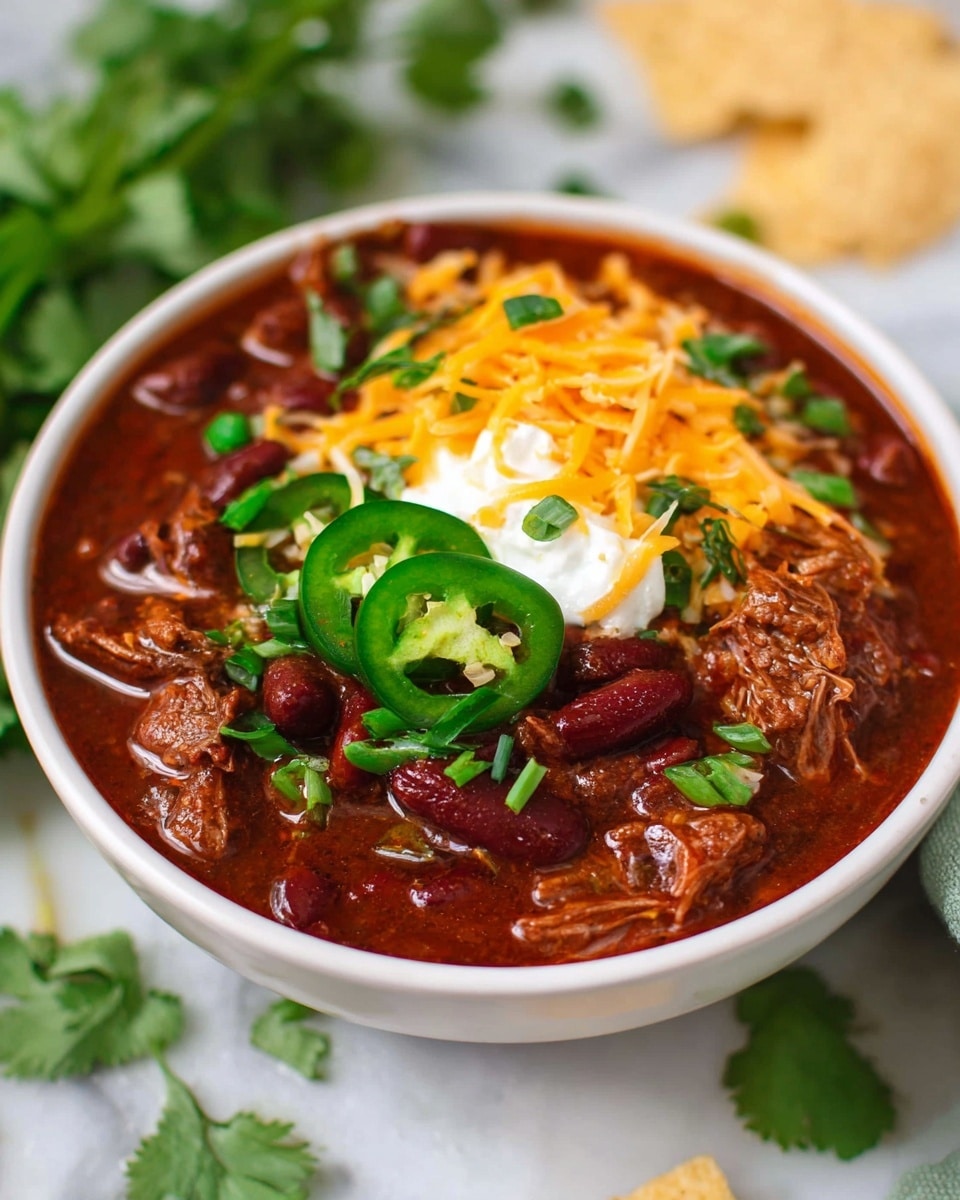 This image shows a bowl full of chili with three main layers: the bottom layer is thick and rich reddish-brown chili sauce with visible kidney beans and shredded meat pieces, the middle layer has bright green slices of jalapeño and chopped green onions scattered on top, and the top layer is a dollop of white sour cream topped with thin strands of orange shredded cheddar cheese and small bits of fresh green cilantro leaves. The bowl is white and sits on a white marbled surface with scattered fresh cilantro leaves and a piece of tortilla chip partially visible nearby. photo taken with an iphone --ar 4:5 --v 7