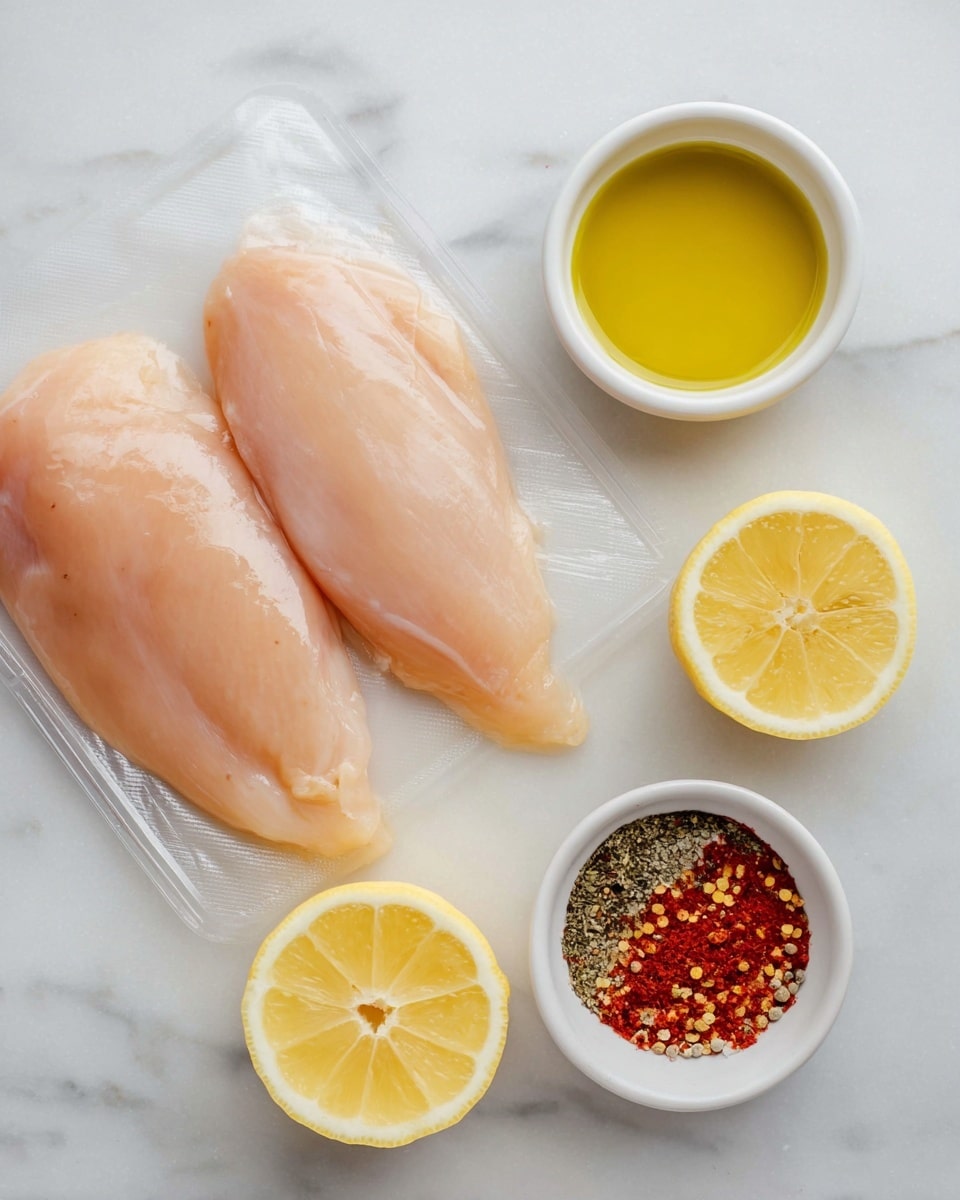 The image shows two raw chicken fillets in plastic packaging placed on a white marbled surface. Below the chicken, there are two lemon halves with bright yellow peel and pale yellow juicy flesh. To the right of the lemons, there is a small white bowl filled with golden yellow olive oil, and next to it, another small white bowl contains a mix of red, black, and white spices, creating a colorful texture. The overall setup is clean and bright with natural light. Photo taken with an iphone --ar 4:5 --v 7