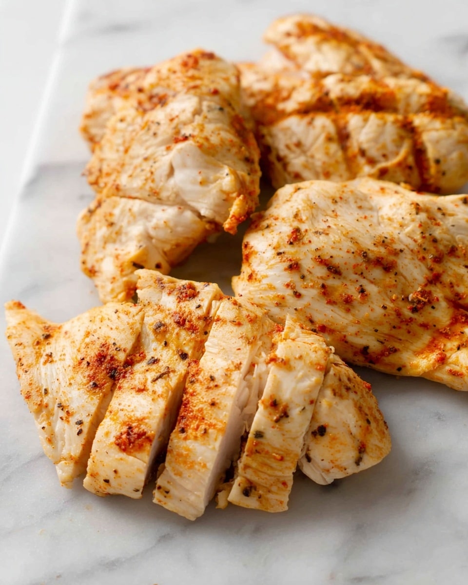The image shows several pieces of cooked chicken meat placed on a white marbled surface. The chicken is light golden with parts showing a slight orange-red spice coating and small black pepper specks scattered evenly. The texture of the chicken looks tender with visible grill marks and natural lines from the muscle fibers. The pieces are arranged casually, some overlapping slightly, with a soft, warm lighting highlighting the moist and juicy look of the meat. Photo taken with an iphone --ar 4:5 --v 7