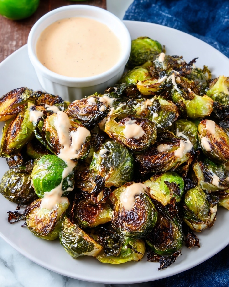 A white bowl filled with roasted Brussels sprouts that have a mix of dark brown crispy edges and bright green soft parts, some drizzled with a light creamy sauce that has tiny red specks. On one side of the bowl, there is a smaller white bowl holding a light orange dipping sauce with a smooth texture and small red bits inside, with a metal spoon resting in it. The bowl sits on a blue cloth, and in the background, there are fresh bright green Brussels sprouts and a bottle of sweet chili sauce on a wooden surface, which is replaced by a white marbled texture. photo taken with an iphone --ar 4:5 --v 7