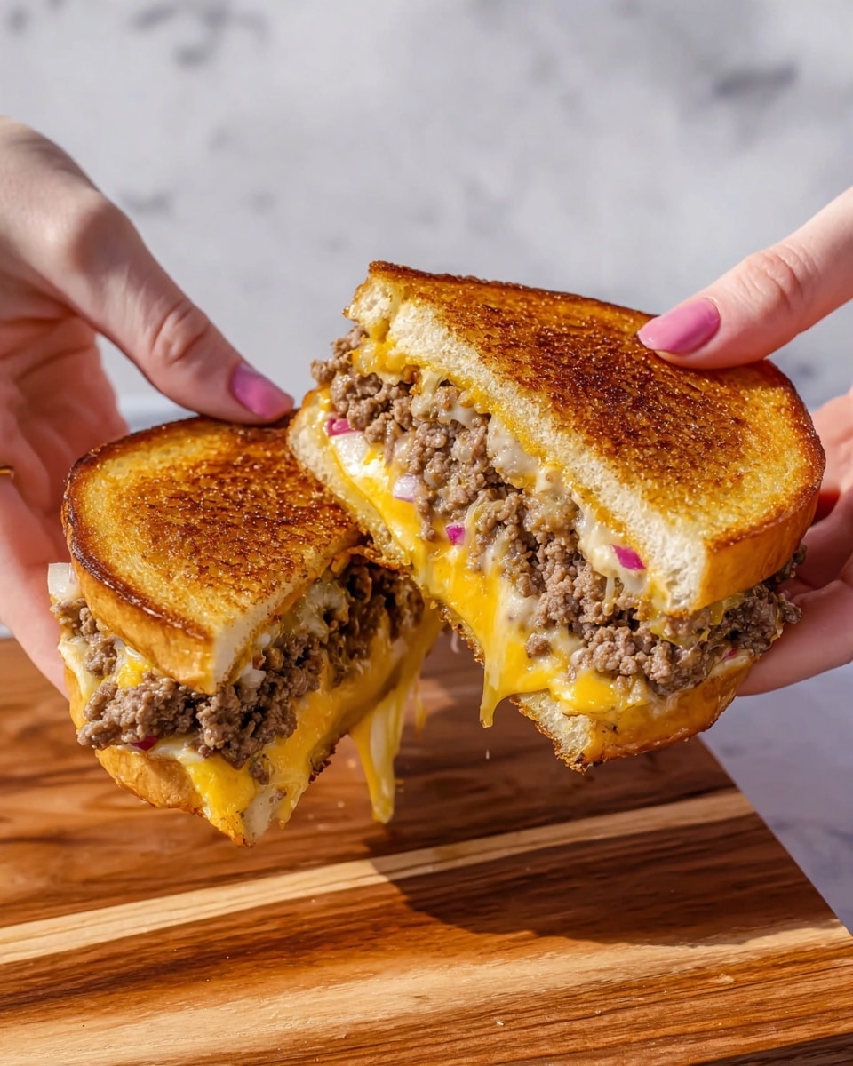 A toasted sandwich is held by two woman's hands being pulled apart to show three layers inside: the top and bottom layers are golden brown toasted bread with a slightly crispy texture, the middle layer is cooked ground beef with a crumbly texture and brownish-gray color, and the bottom layer is melted yellow cheese stretching between the halves. The sandwich is over a wooden cutting board with a white marbled background. photo taken with an iphone --ar 4:5 --v 7