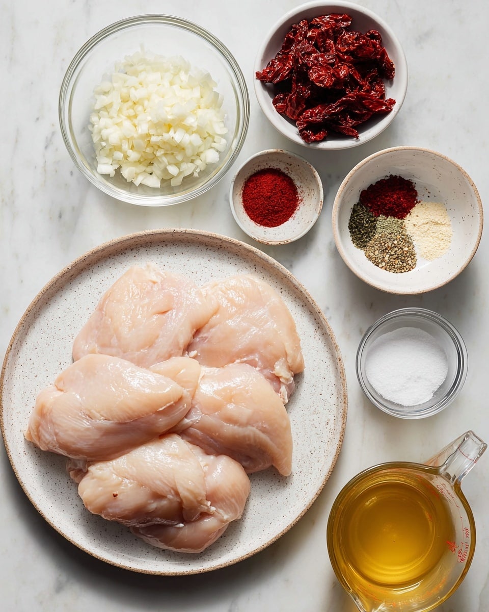 The image shows a round white speckled plate filled with five raw pale pink chicken fillets positioned in the center. Around this plate, there are several small clear and white bowls: one containing small chopped white onions, a white bowl with mixed spices split into sections of red, black, white, and green herbs, another white bowl filled with deep red sun-dried tomatoes, a small glass bowl holding fine white powder, a small glass bowl with white liquid, and a larger clear measuring cup with a light golden broth. All items rest on a white marbled surface. Photo taken with an iphone --ar 4:5 --v 7