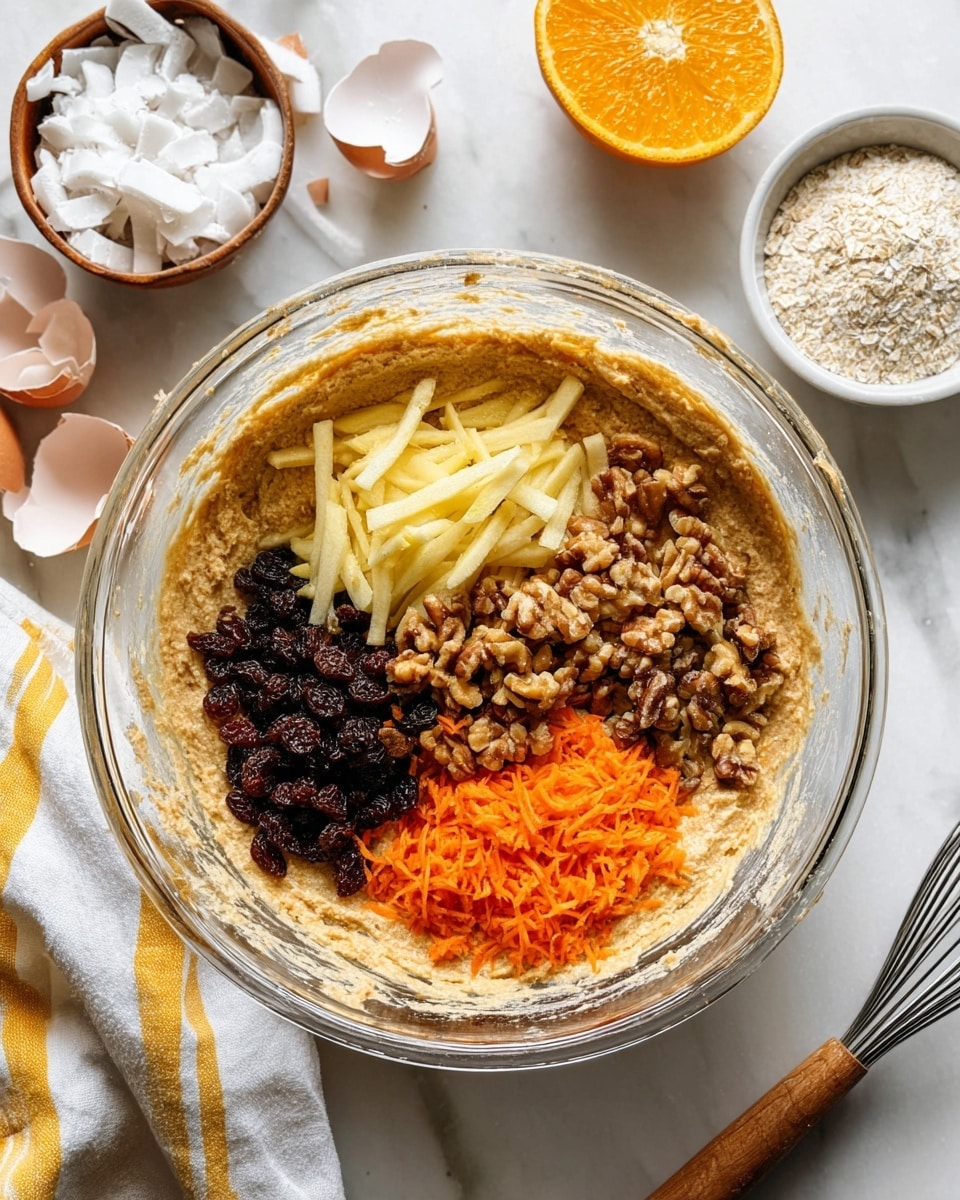 A large clear glass bowl sits on a white marbled surface, filled with a thick beige batter as the base layer. On top, there are four separate piles: shredded light tan apple on the left, dark brown raisins at the top center, chopped medium brown nuts at the right, and bright orange shredded carrot on the bottom. To the side of the bowl are cracked white eggshells, a white bowl of shredded coconut, half of an orange, a metal whisk with a wooden handle, and a white towel with yellow and white stripes. Photo taken with an iphone --ar 4:5 --v 7