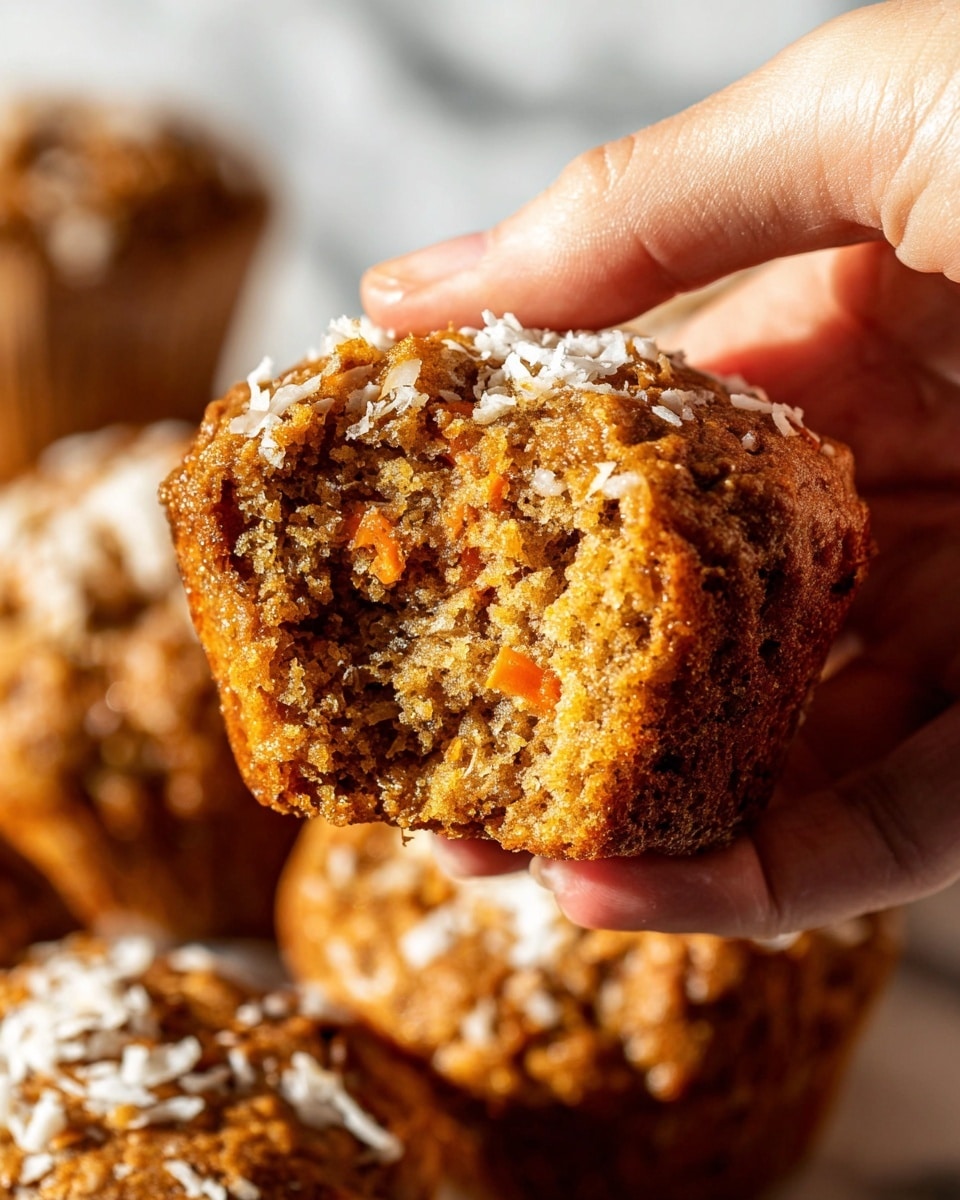 A close-up image shows a woman’s hand holding a brown muffin with visible small pieces of carrot inside. The muffin has a textured, crumbly inside and is topped with white coconut flakes. In the background, more muffins, similar in color and texture, rest on a white marbled surface. The overall lighting highlights the moist and dense texture of the muffin. photo taken with an iphone --ar 4:5 --v 7