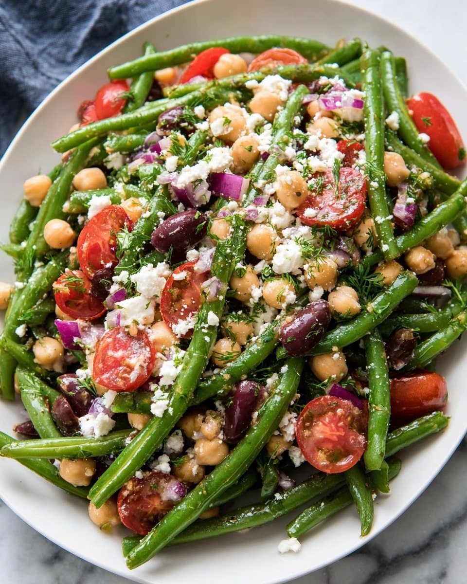 A white plate filled with a fresh salad with three main layers: a base of bright green whole green beans, a middle layer of round beige chickpeas mixed with small dark purple olive pieces and scattered halved red grape tomatoes, and a top layer sprinkled evenly with crumbly white feta cheese and small bits of chopped red onion and fresh green parsley. The salad looks moist and lightly dressed, resting on a white marbled surface. photo taken with an iphone --ar 4:5 --v 7