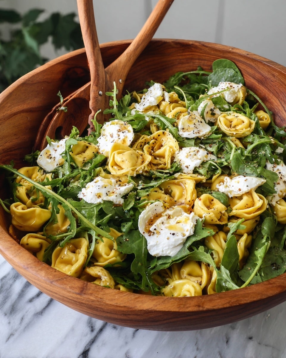 The image shows a large wooden bowl filled with a fresh tortellini pasta salad. The dish has three main layers: the bottom layer is yellow tortellini pasta with a smooth texture, the middle layer is a mix of green arugula leaves adding a fresh and leafy texture, and the top layer has dollops of white, creamy cheese scattered around, sprinkled lightly with black pepper and drizzled with a golden dressing. Wooden salad tongs are inside the bowl, resting against the salad on a white marbled surface in the background. Photo taken with an iphone --ar 4:5 --v 7