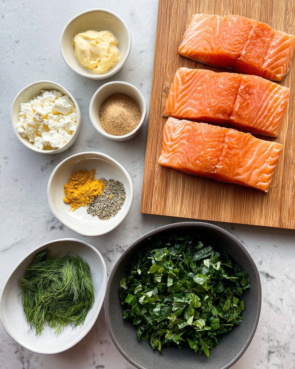 The image shows fresh salmon pieces placed on a wooden board on the right side with three thick pink-orange fillets stacked vertically, showing a smooth and slightly shiny texture. On the left side, there are five small bowls arranged in a loose cluster on a white marbled surface. From the top left to bottom left, a white bowl holds crumbled white cheese, next is a clear glass bowl with creamy mustard, a white bowl with light brown powder and fresh minced yellow ginger on top, an oval dark gray bowl with fresh green dill, a white bowl with light brown seasoning sprinkled with green herb flakes, and at the bottom right, a larger dark gray bowl with loosely packed chopped green leafy vegetables. photo taken with an iphone --ar 4:5 --v 7